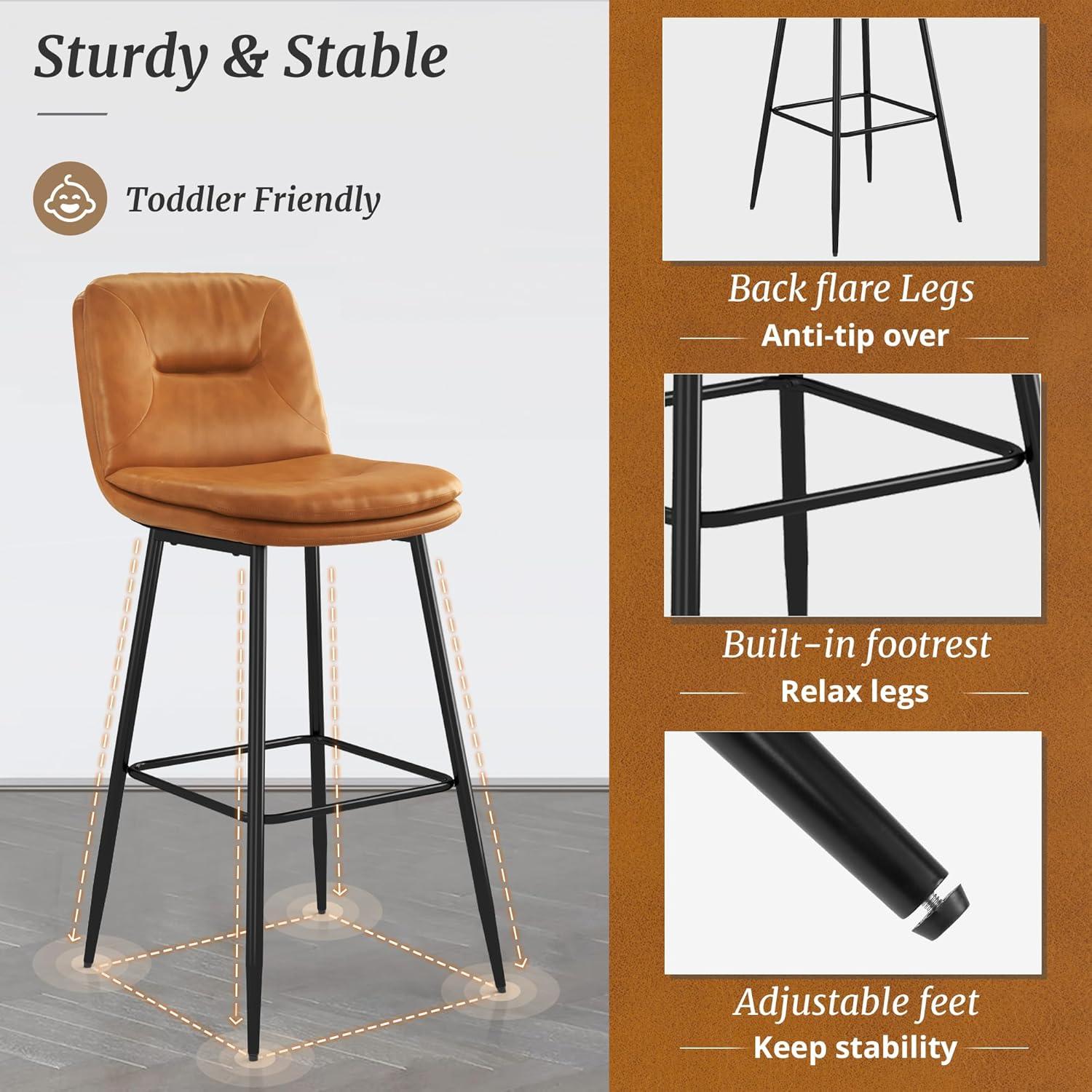 Whiskey Brown Faux Leather Bar Height Stools with Metal Frame, Set of 4