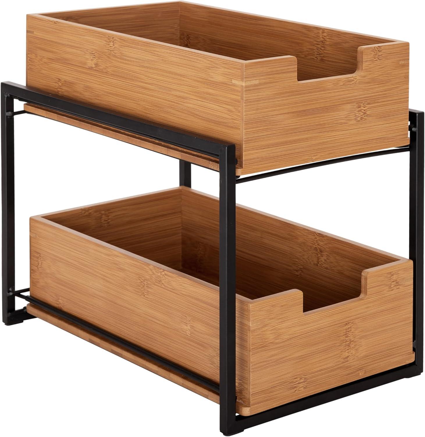 Seville Classics Bamboo Premium Organizer Storage Bins for Kitchen Silverware, Pantry, Closet, Office Desk, Pens, Utensils, Makeup, K Cup, Bamboo, 2-Tier Bin Set, Black