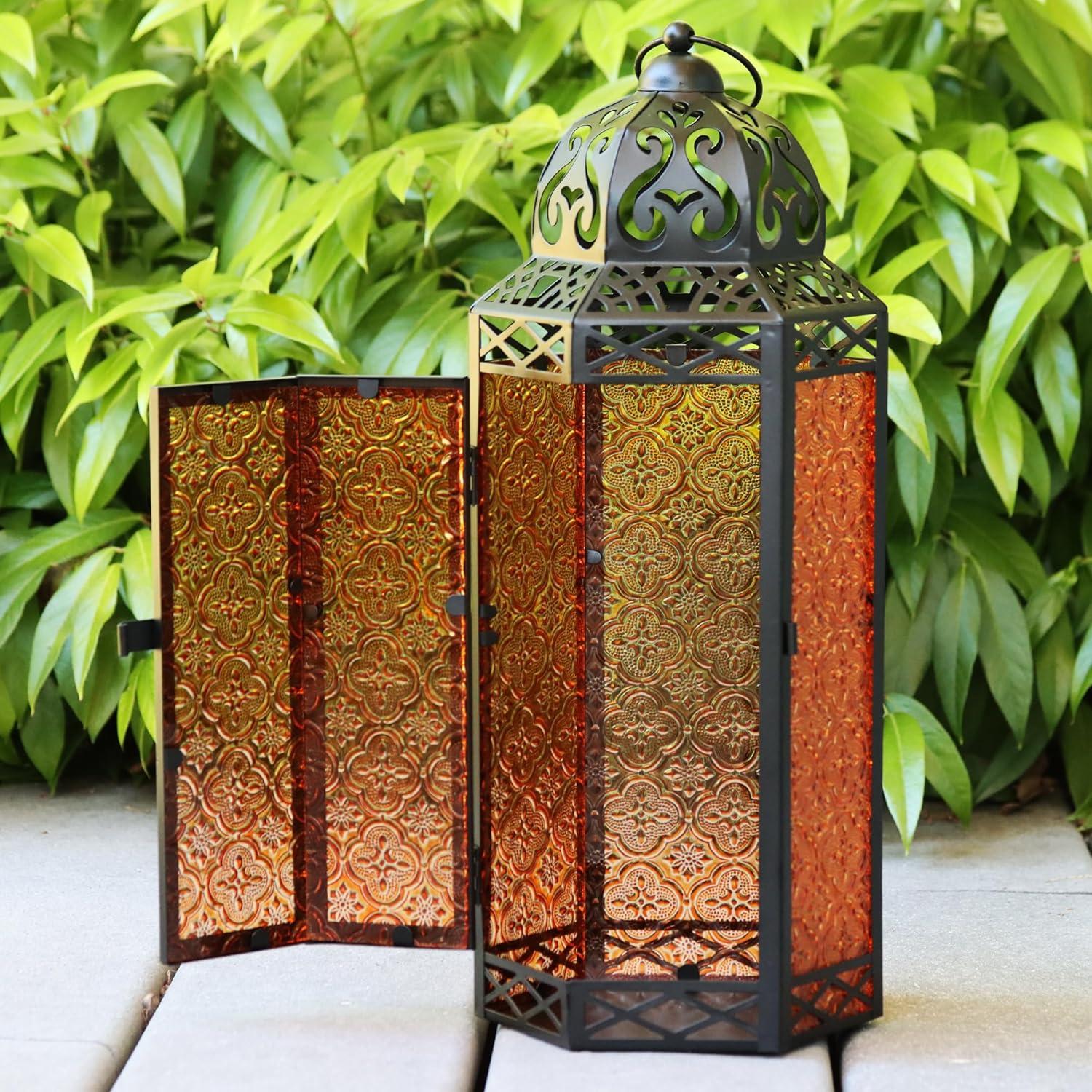 Extra Large Black Metal Moroccan Floor Lantern with Amber Glass