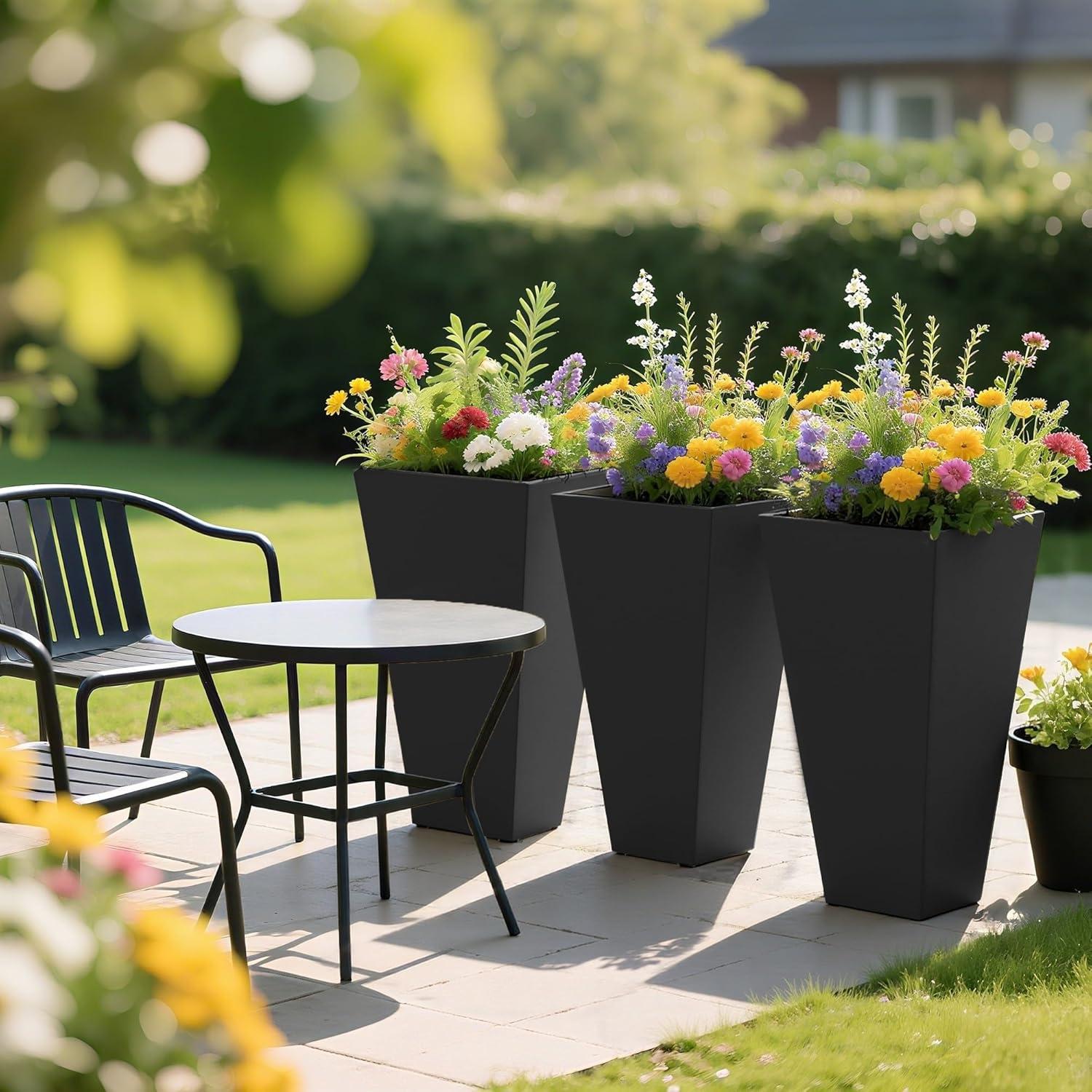 Outsunny Set of 3 Tall Planters with Drainage Hole, 28" Outdoor Flower Pots, Indoor Planters for Porch Patio and Deck, Black