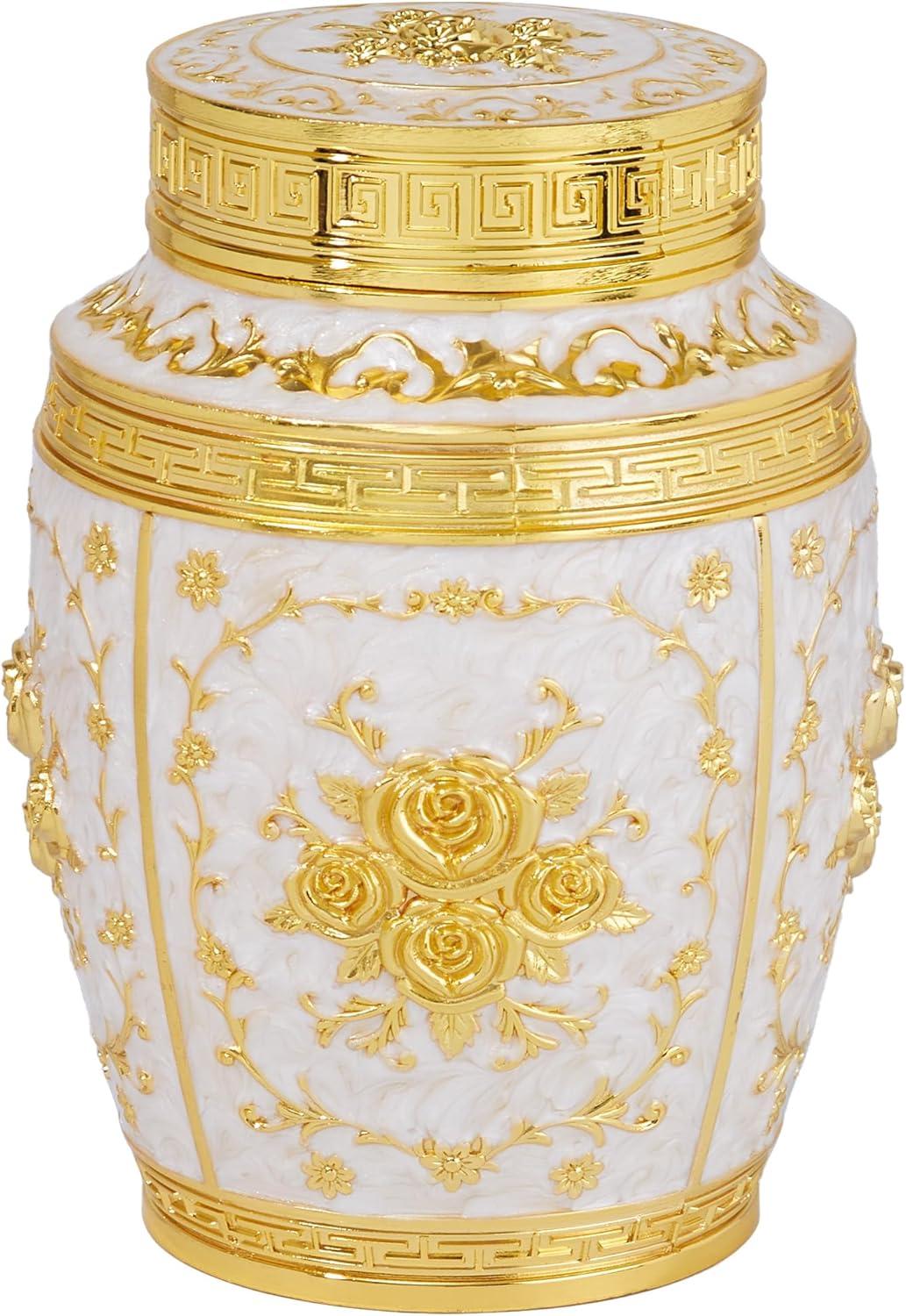 Gold and White Rose Embellished Medium Metal Urn