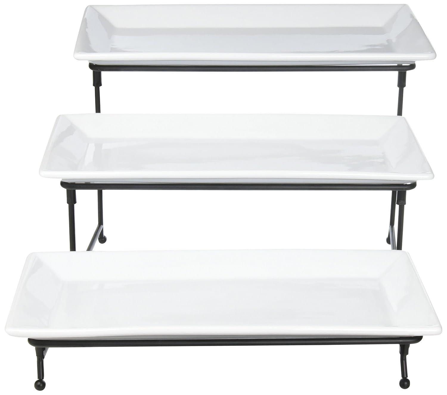 Gibson Elite Porcelain Gracious Serving Plate Set with Metal Stand: Tiered Cupcake & Serving Tray, Rectangle