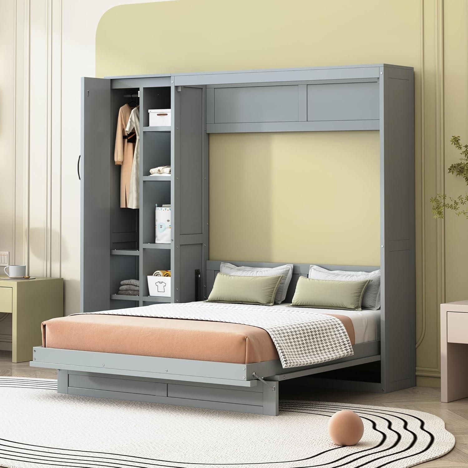 P PURLOVE Murphy Bed Full, Wood Wall Bed with Shelves, Wardrobe and LED Lights, No Box Spring Needed (Gray)