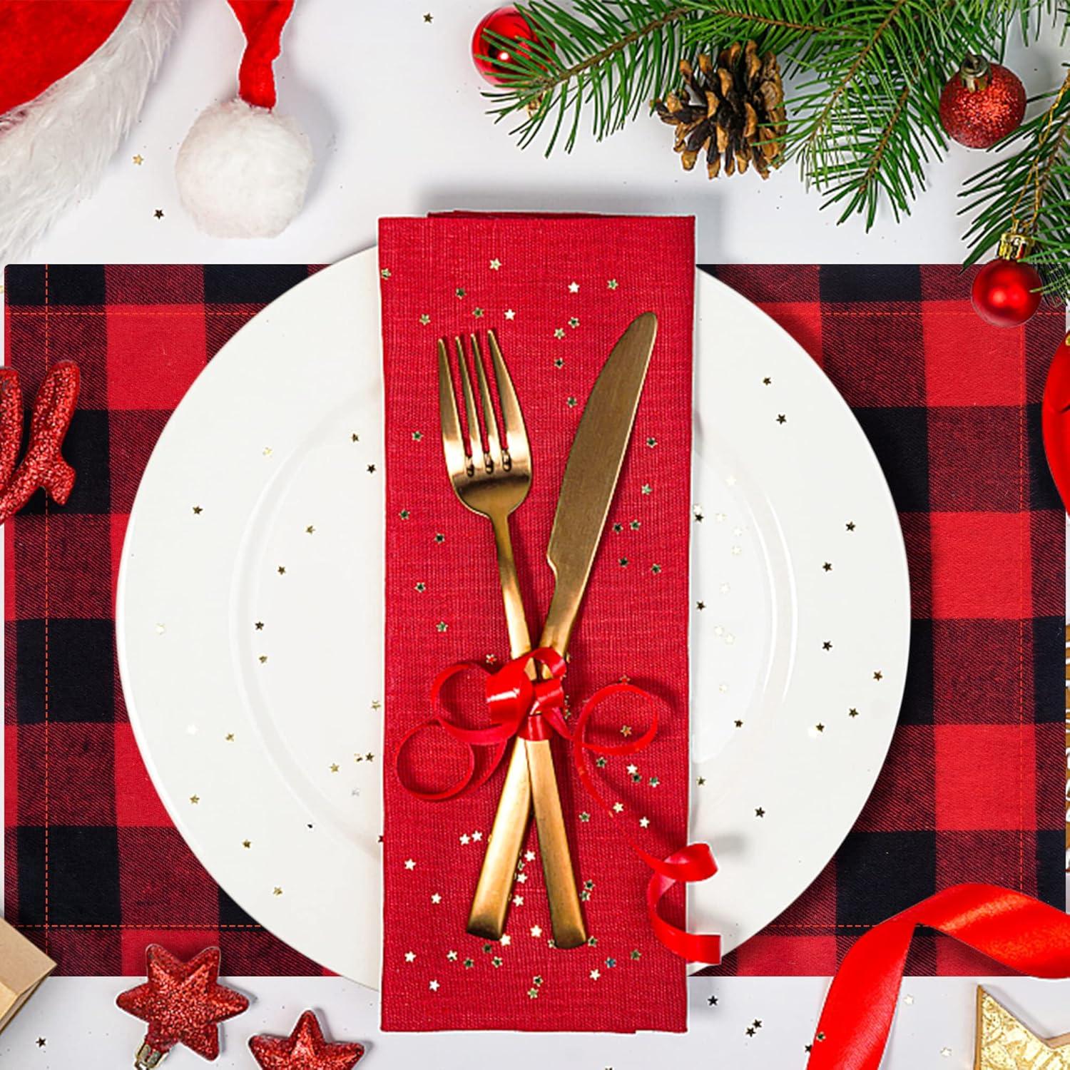 Creowell  Christmas Buffalo Plaid Placemats Set of 4, Reversible Red and Black Buffalo Check Place Mats Christmas Dining Table Decorations 18x12in