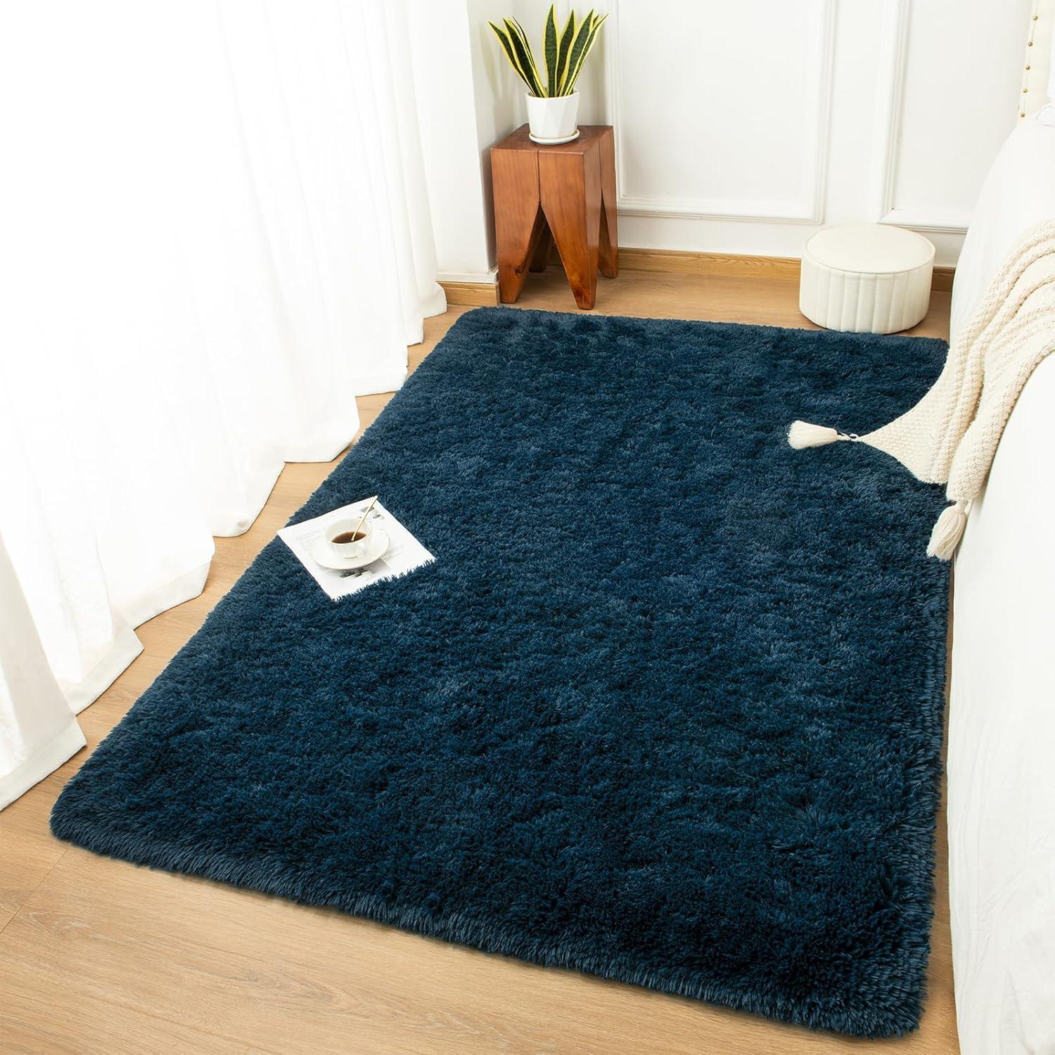 Shag Area Rug For Living Room, 4X6 Feet Navy Blue Soft Fluffy Indoor Plush Throw Rugs For Bedroom Girls Kids Room Nursery Dorm Home Decor Carpet