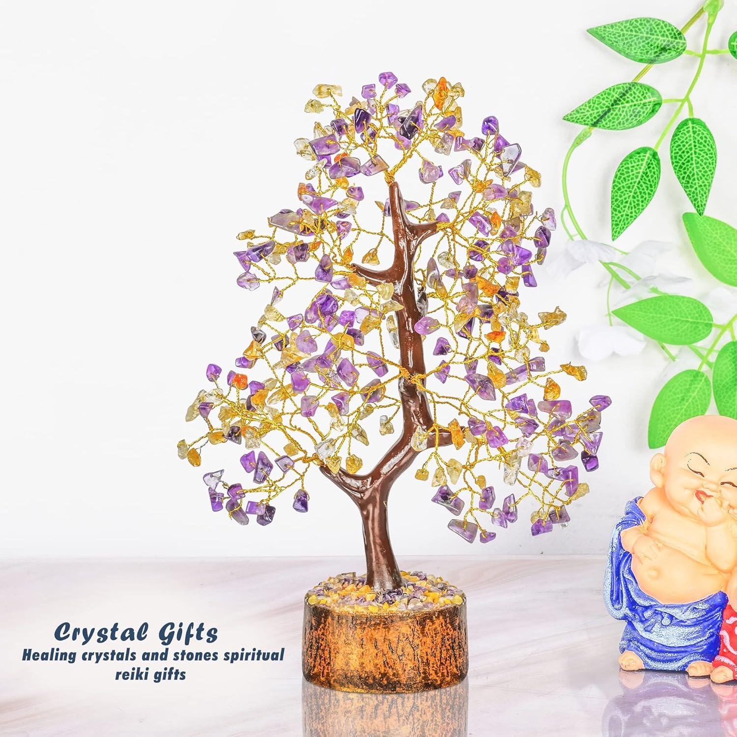 Amethyst and Citrine Crystal Bonsai Tree with Wooden Base