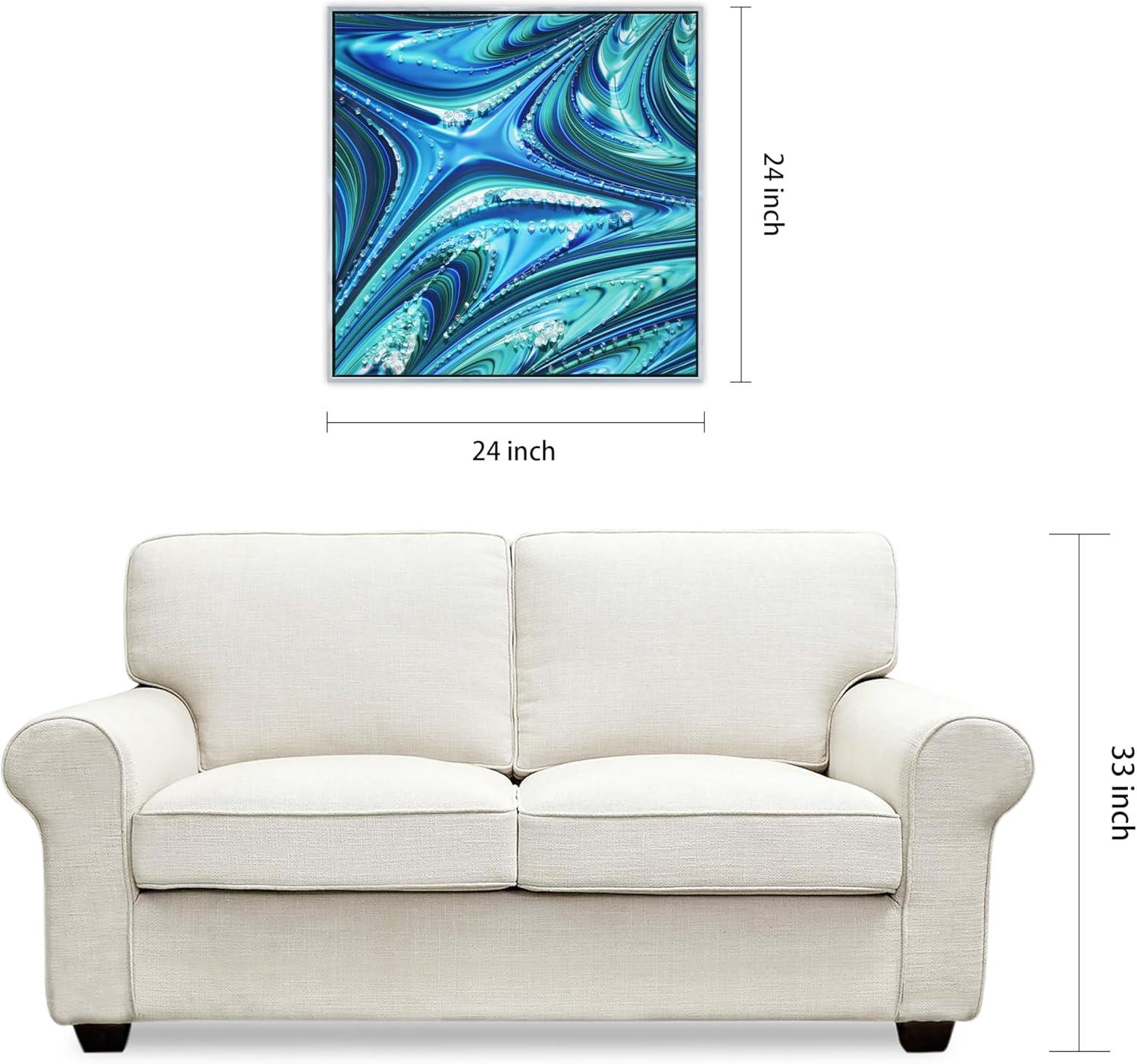 "Ocean Waves II" Crystallus Epoxy Coated Wrapped Framed Glossy Blue Canvas Wall Art with Heavy Acrylic Crystal Shards Embellishments