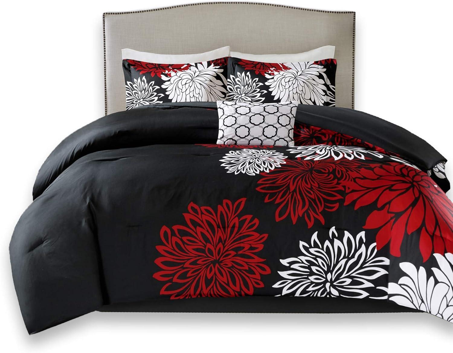 Comfort Spaces Queen Size Comforter Set, 5-Piece Floral Bedding Set for All Season, Red/Black Queen Comforter Set with Bed Skirt