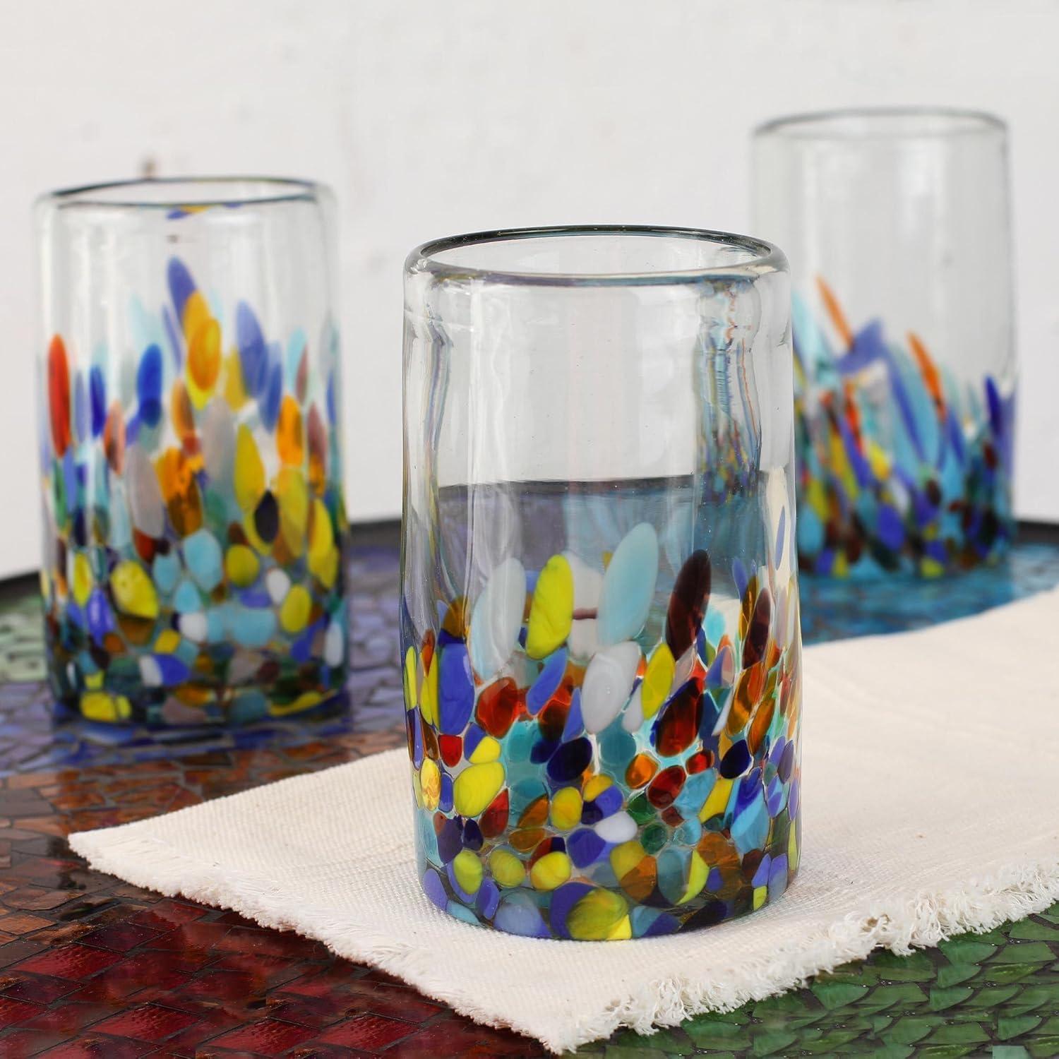 NOVICA Artisan Crafted Recycled Hand Blown Glass Water Glasses, Multicolor, 14 Oz, 'Confetti' (Set Of 6)