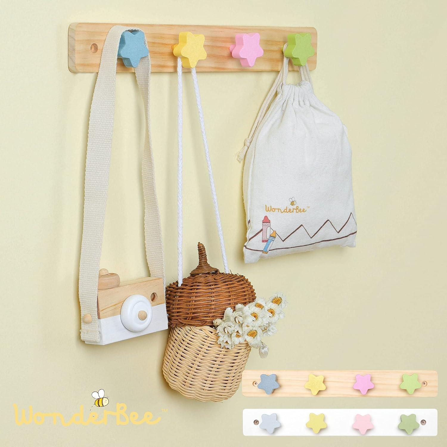 Natural Pine Star Shaped Kids Coat Rack with Colorful Hooks