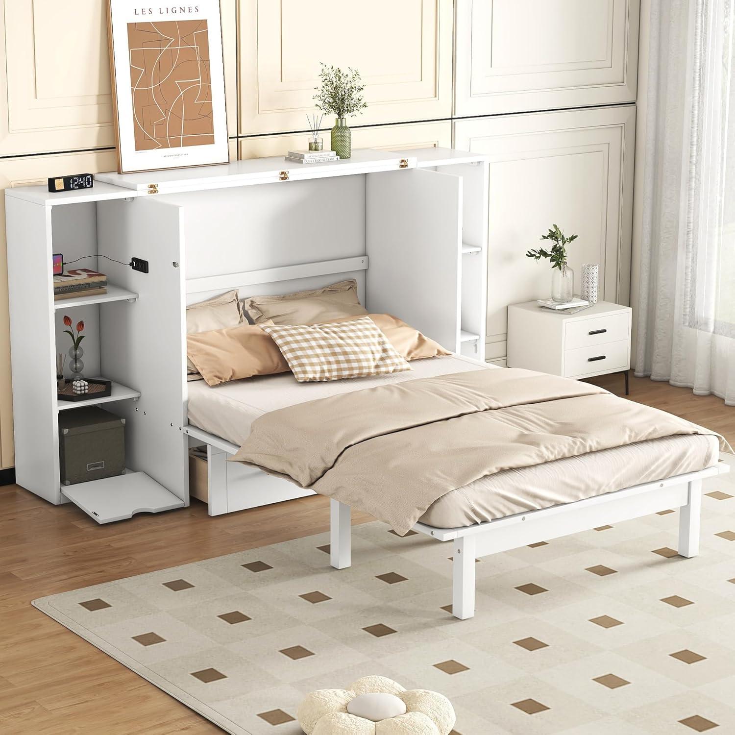 White Queen Murphy Bed with Storage and USB Ports