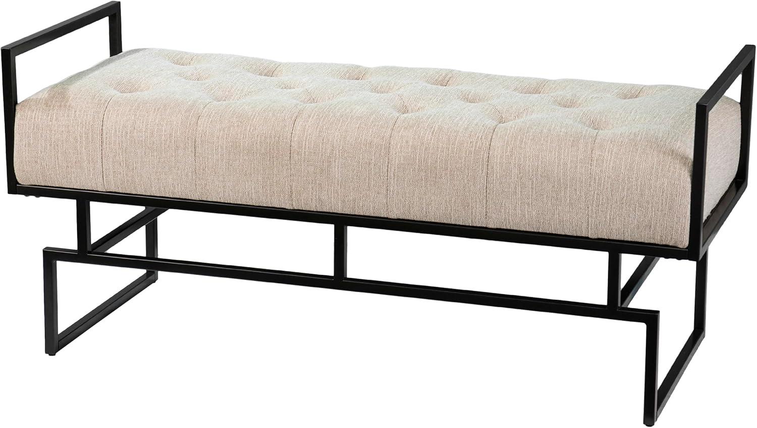 Beige and Gunmetal Gray Upholstered Bench with Iron Base