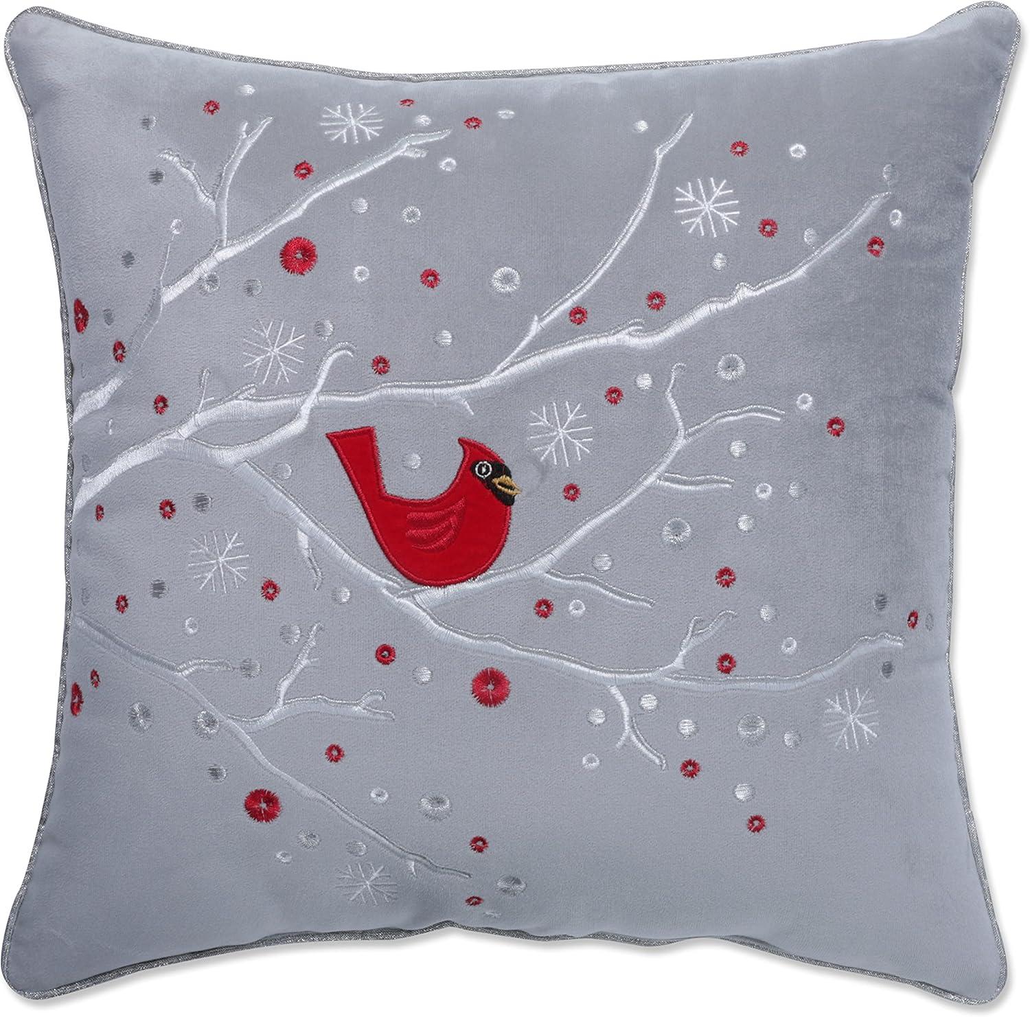 Gray Velvet Embroidered Christmas Cardinal Square Throw Pillow