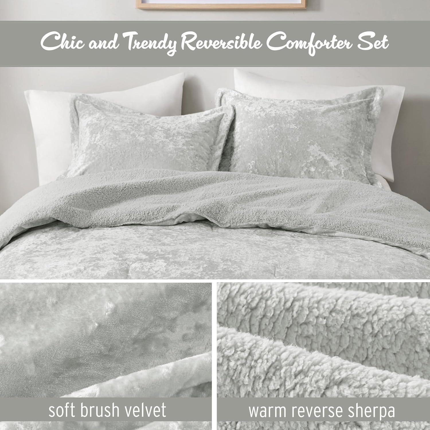Twin/Twin XL Arabella Crushed Velvet to Faux Shearling Soft Reversible Teen Comforter Set Silver - Intelligent Design: Hypoallergenic Velvet Bedding