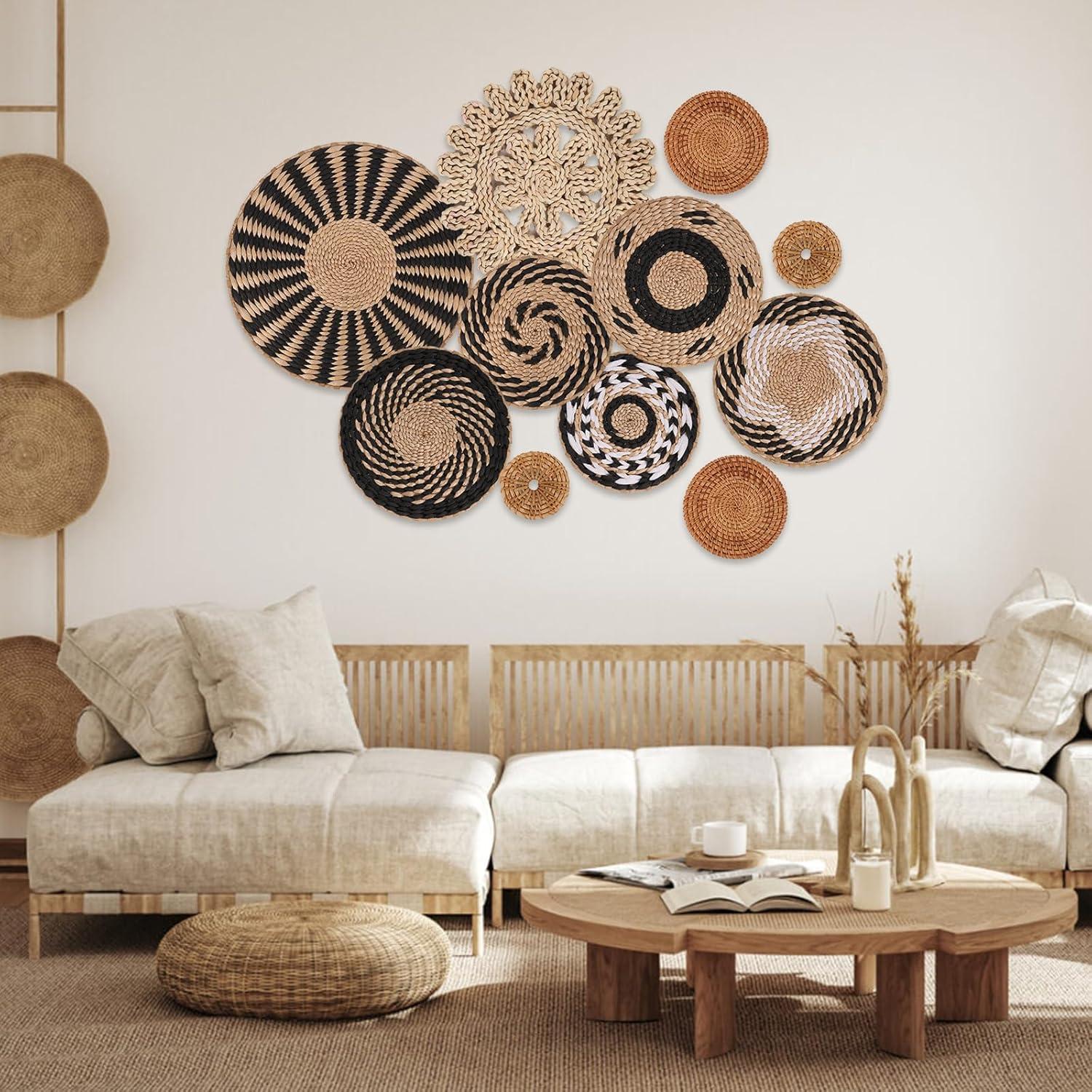 Tatuo 11 Pcs Boho Wall Basket Decor Decorative Bulrush Woven Basket Wall Decor Art Round Farmhouse Hanging Baskets for Kitchen Rustic Home Summer Decorations, Multi Sizes(Retro)