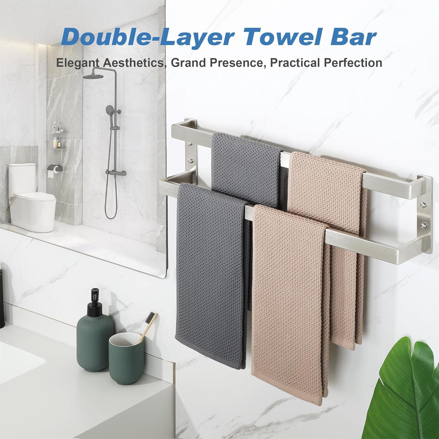 Double Towel Bar 24", SUS304 Stainless Steel Towel Racks For Bathroom Wall Mounted, Heavy Duty Bathroom Towel Holder, Space Saving Towel Hanger