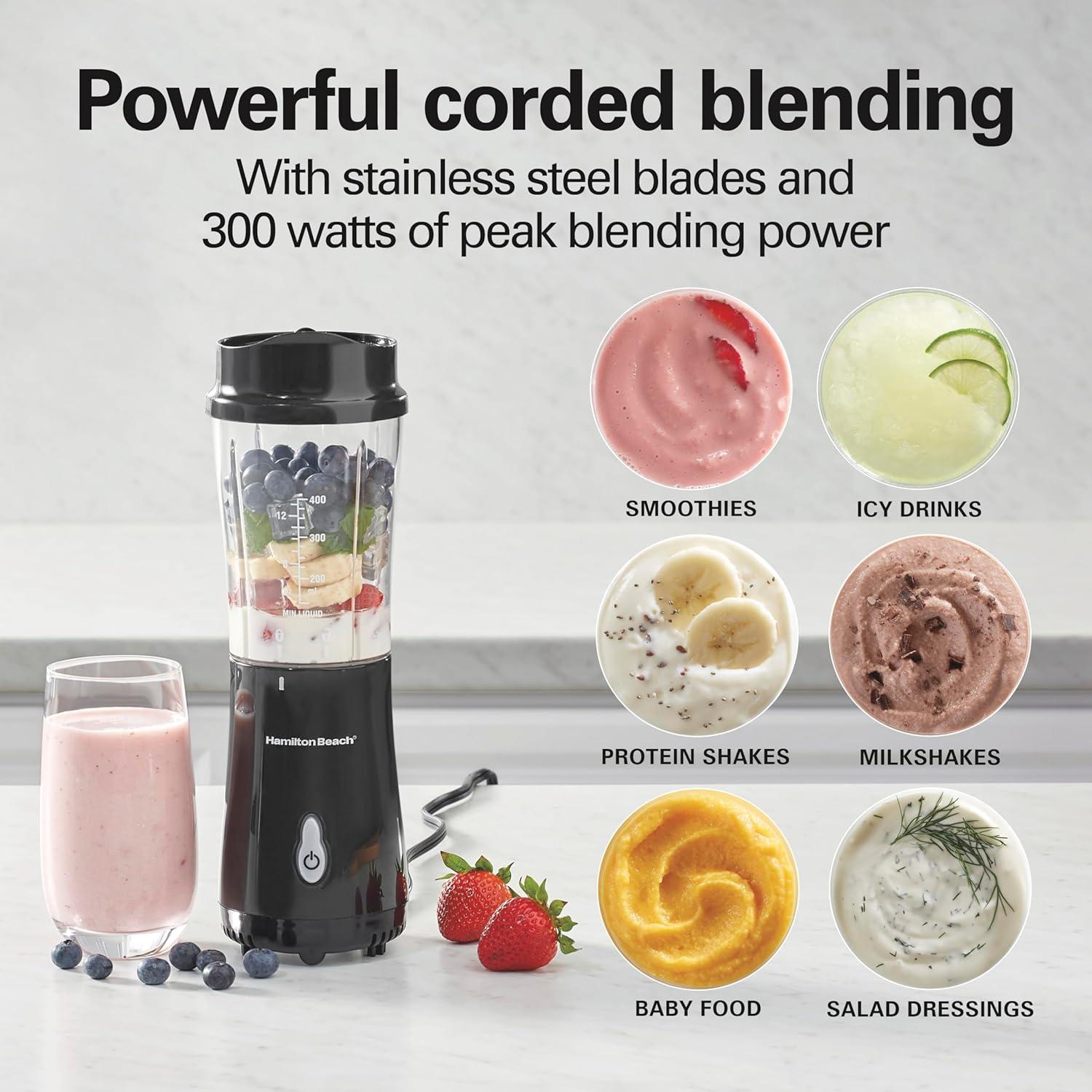 Hamilton Beach 51101BA Single Serve Smoothie Blender w/ Travel Cup & Lid, Black