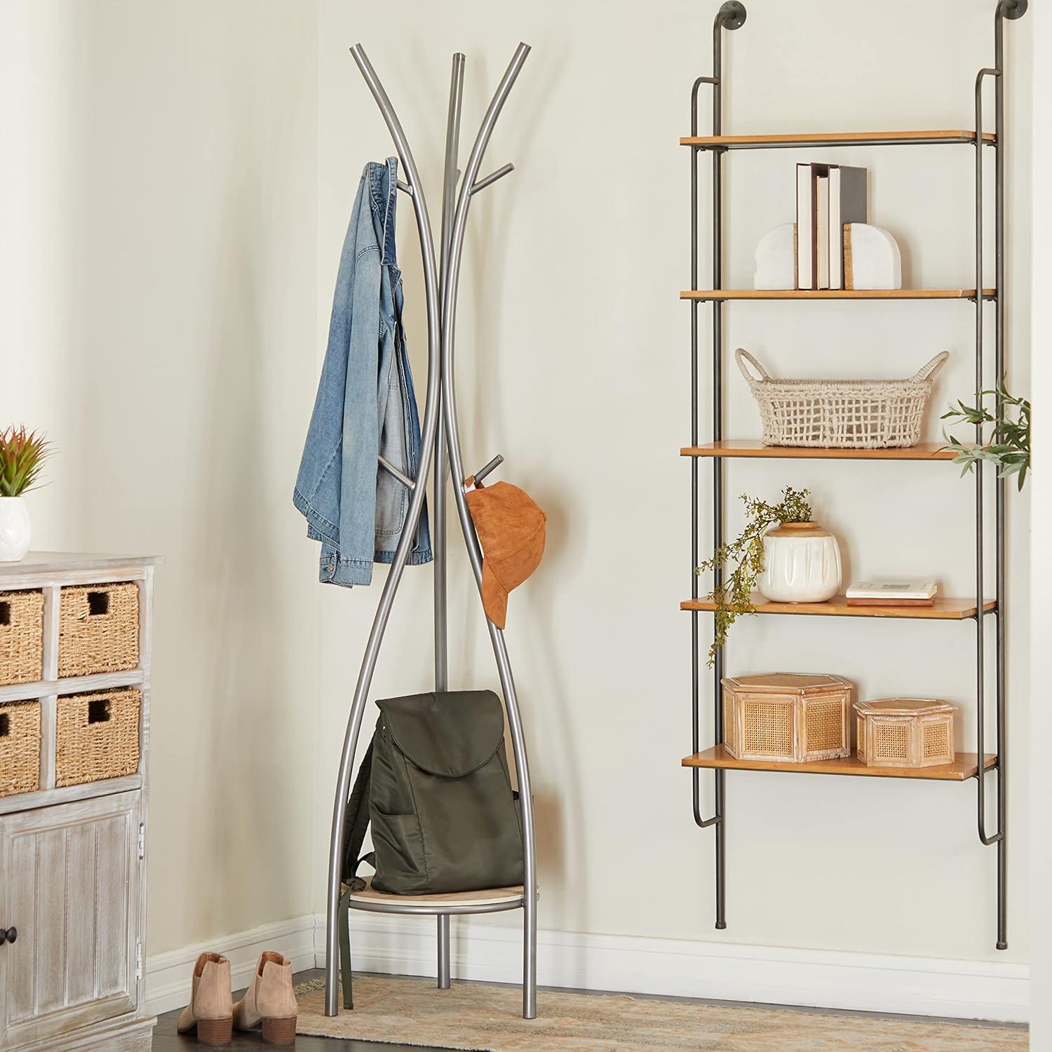 Silver and Beige Metal Freestanding Coat Rack with Shelf