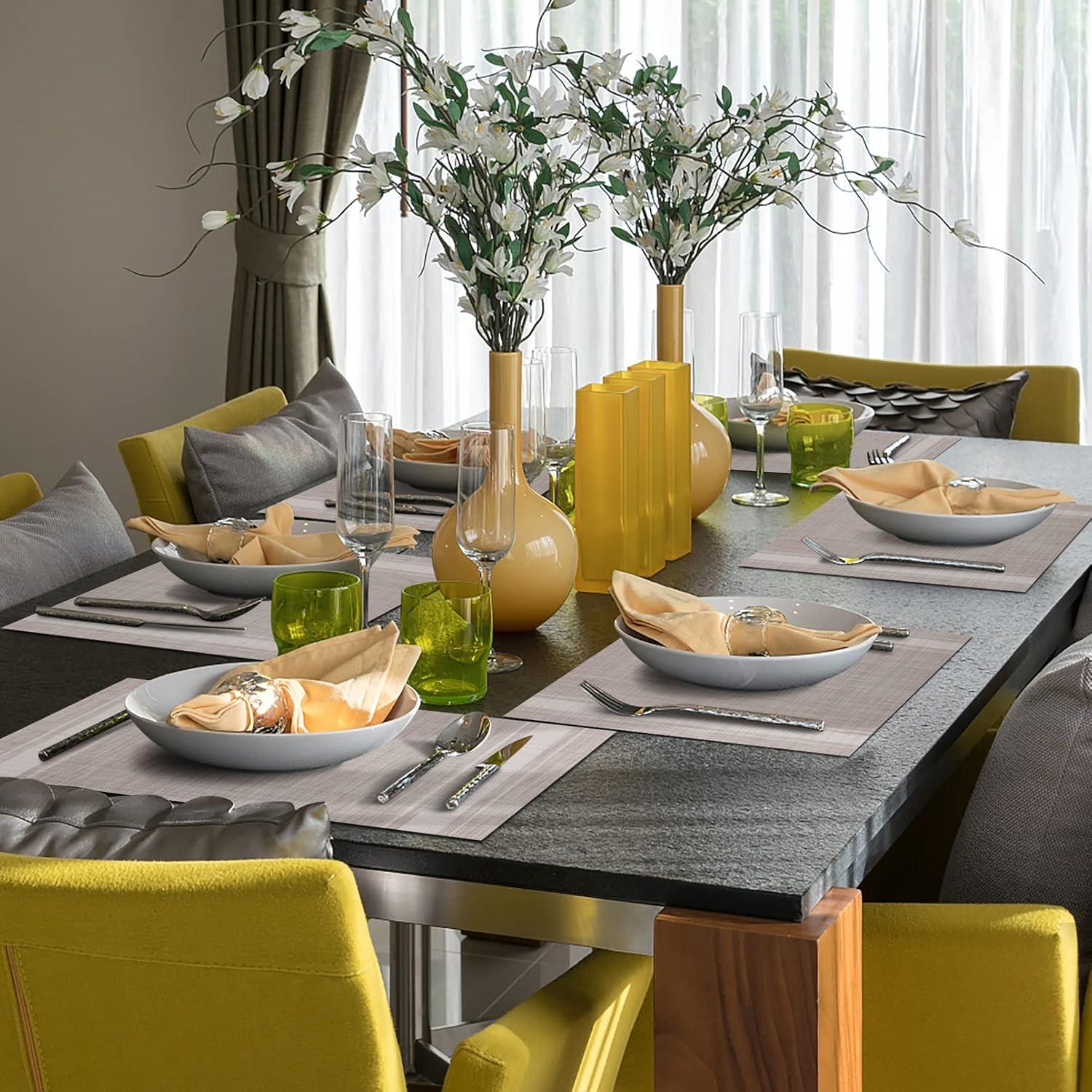 Set of 8 Heat-Resistant Placemats Stain Resistant Anti-Skid Placemats for Kitchen Table, Washable Durable PVC Table Mats Woven Vinyl Placemats Beige
