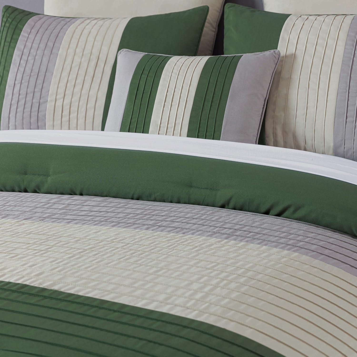 Chezmoi Collection Luxury Pleated Striped Comforter Set, Queen, Forest Green/Gray/Cream, 8-Piece