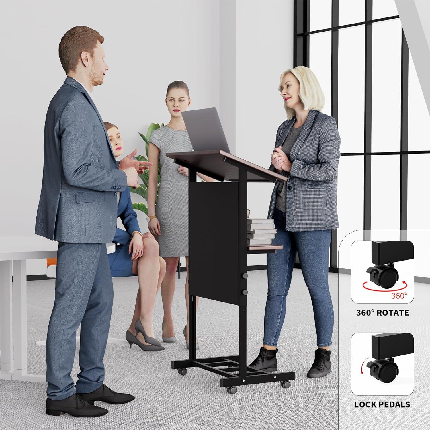 Stand Up Desk Store Mobile Adjustable Height Rolling Lectern Podium with Heavy Duty Steel Frame