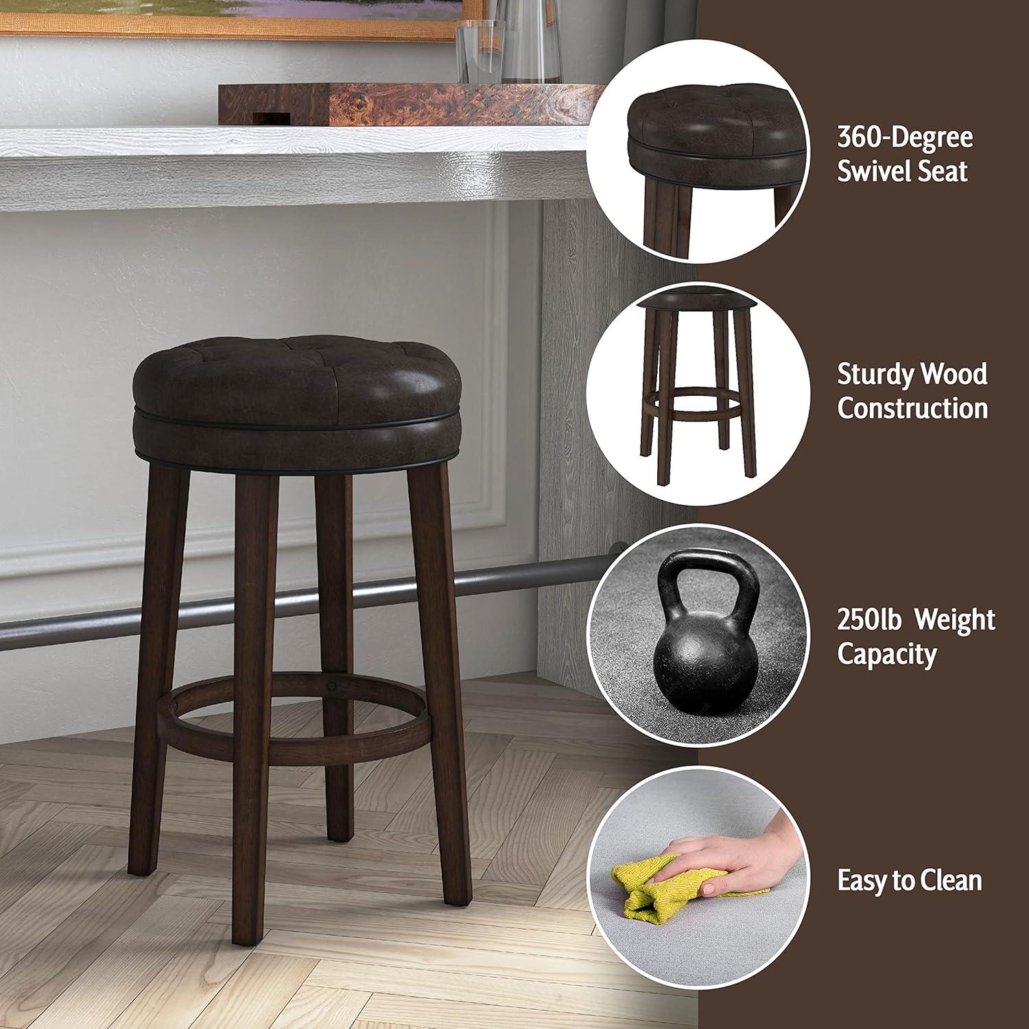 Dark Brown Backless Swivel Wood Bar Stool