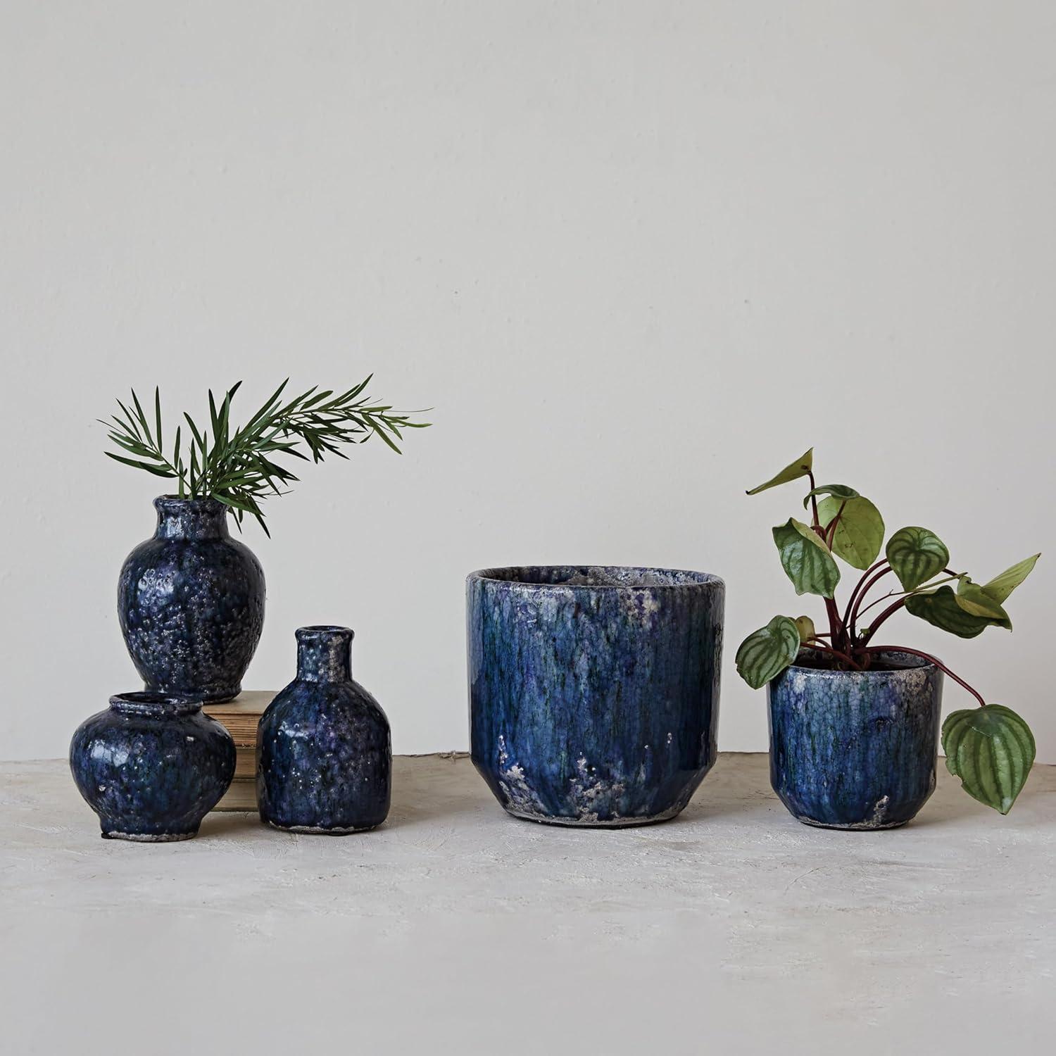 Bloomingville Large Decorative Terra-cotta Planter with Crackle Glaze, Blue