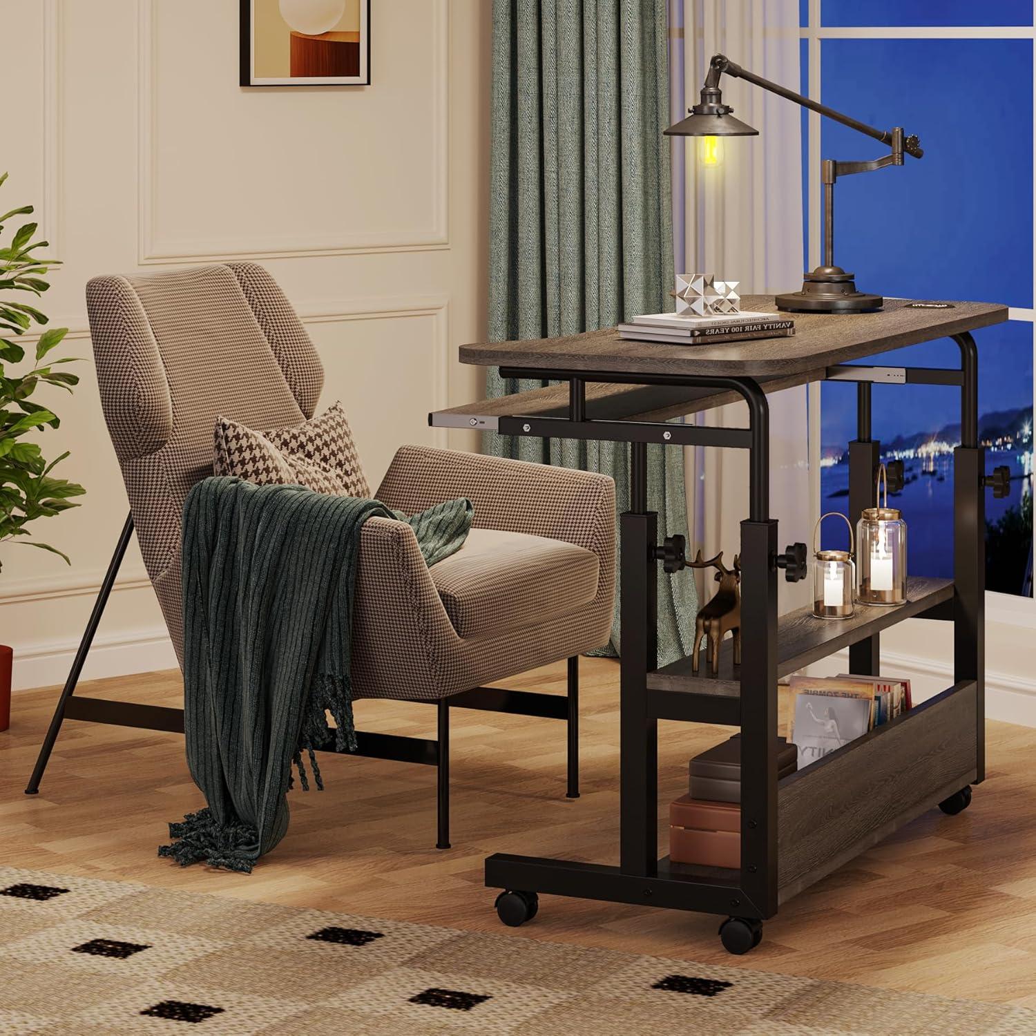 Gray Adjustable Height Laptop Cart with USB Port and Drawer