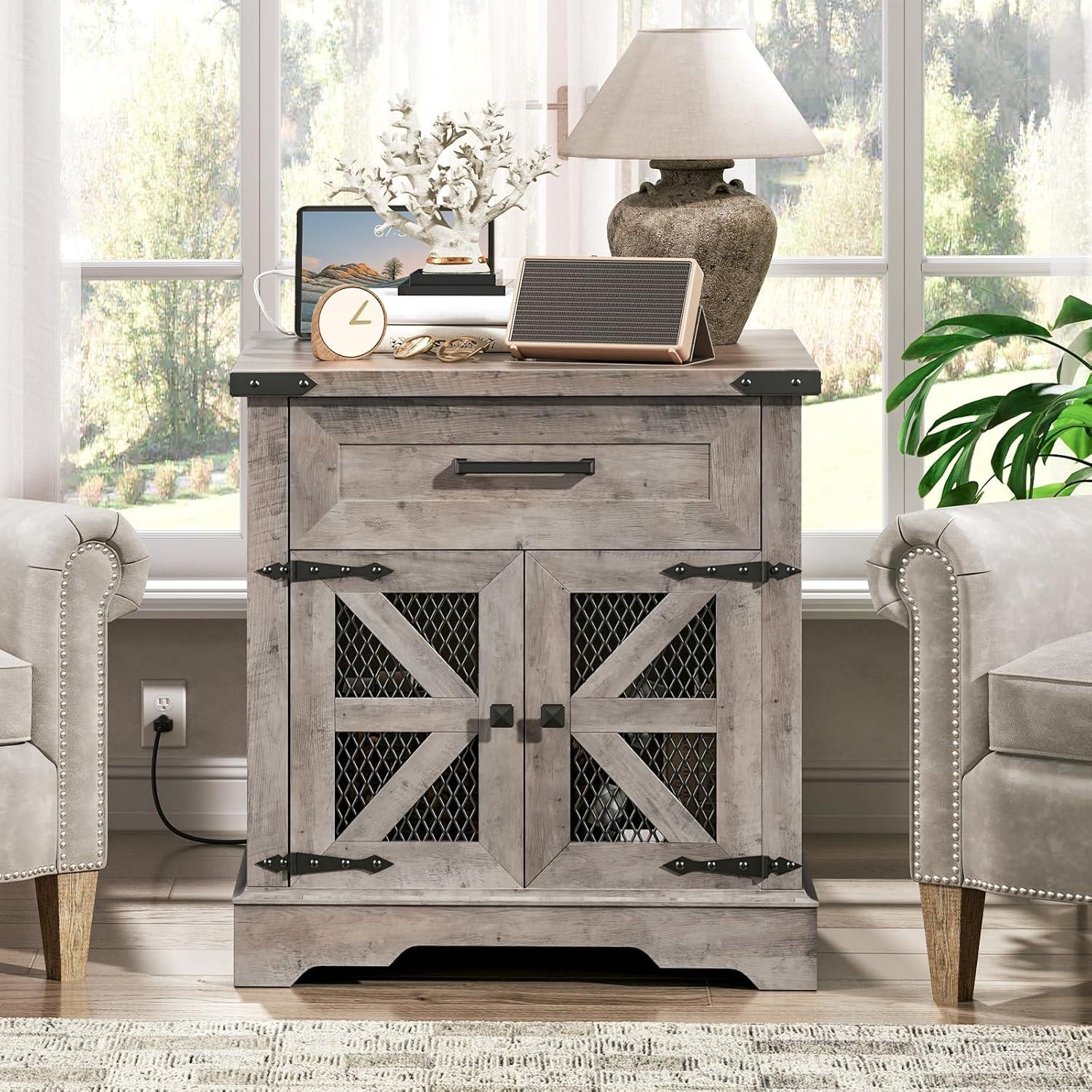 Rustic Gray Wood Farmhouse End Table with Charging Station