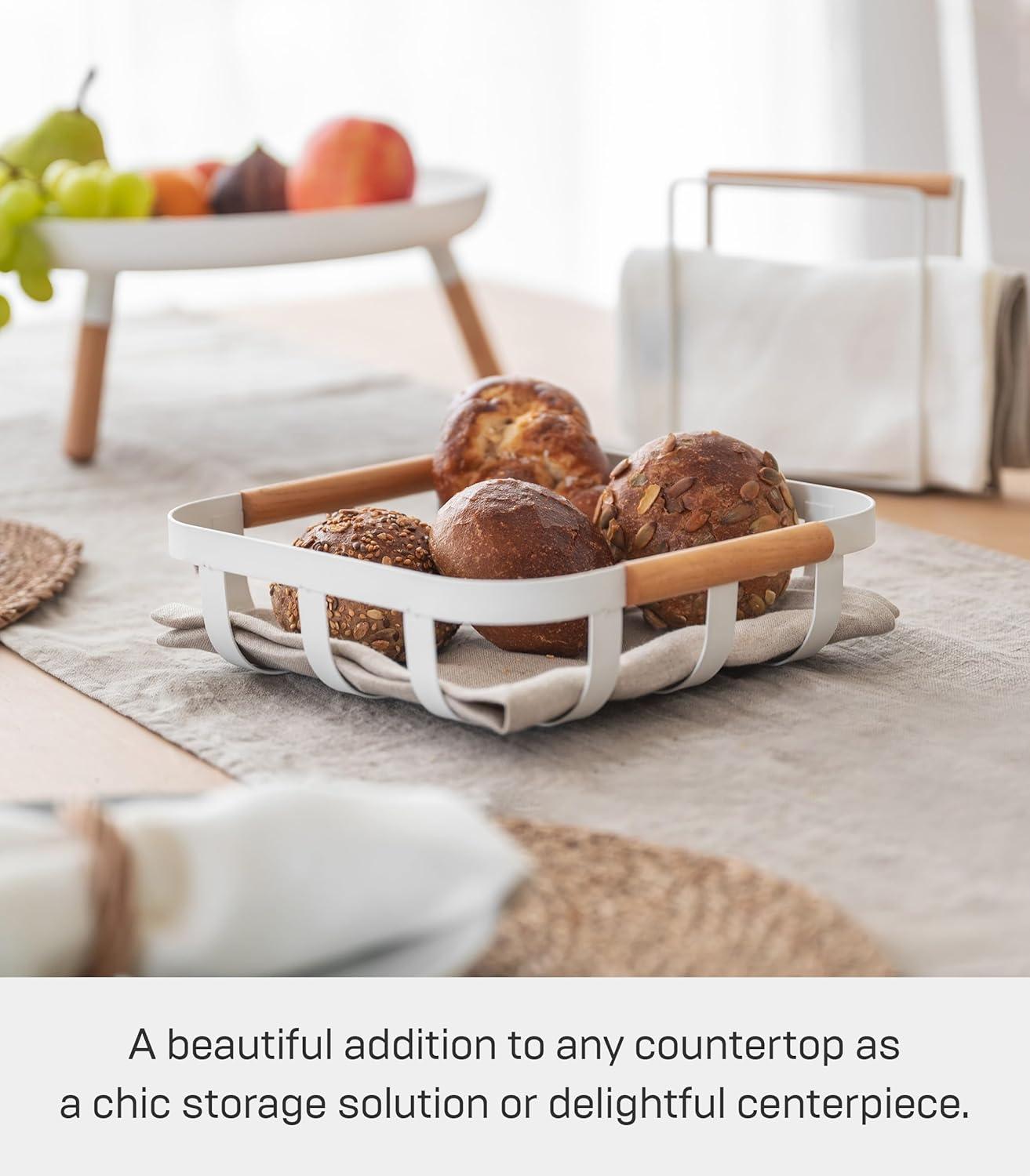 Tosca Yamazaki Home Fruit Basket, Kitchen Decorative Metal Holder Bowl, Steel + Wood, Handles