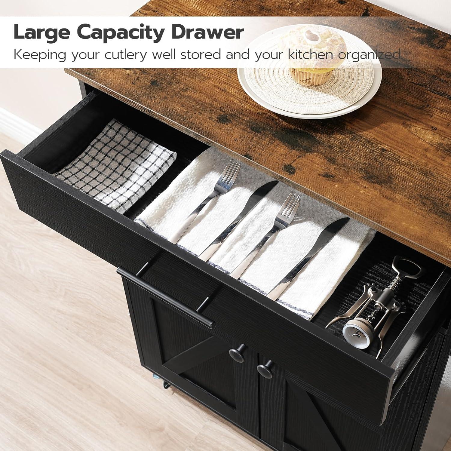 Rustic Brown and Black Rolling Kitchen Island with Power Outlet