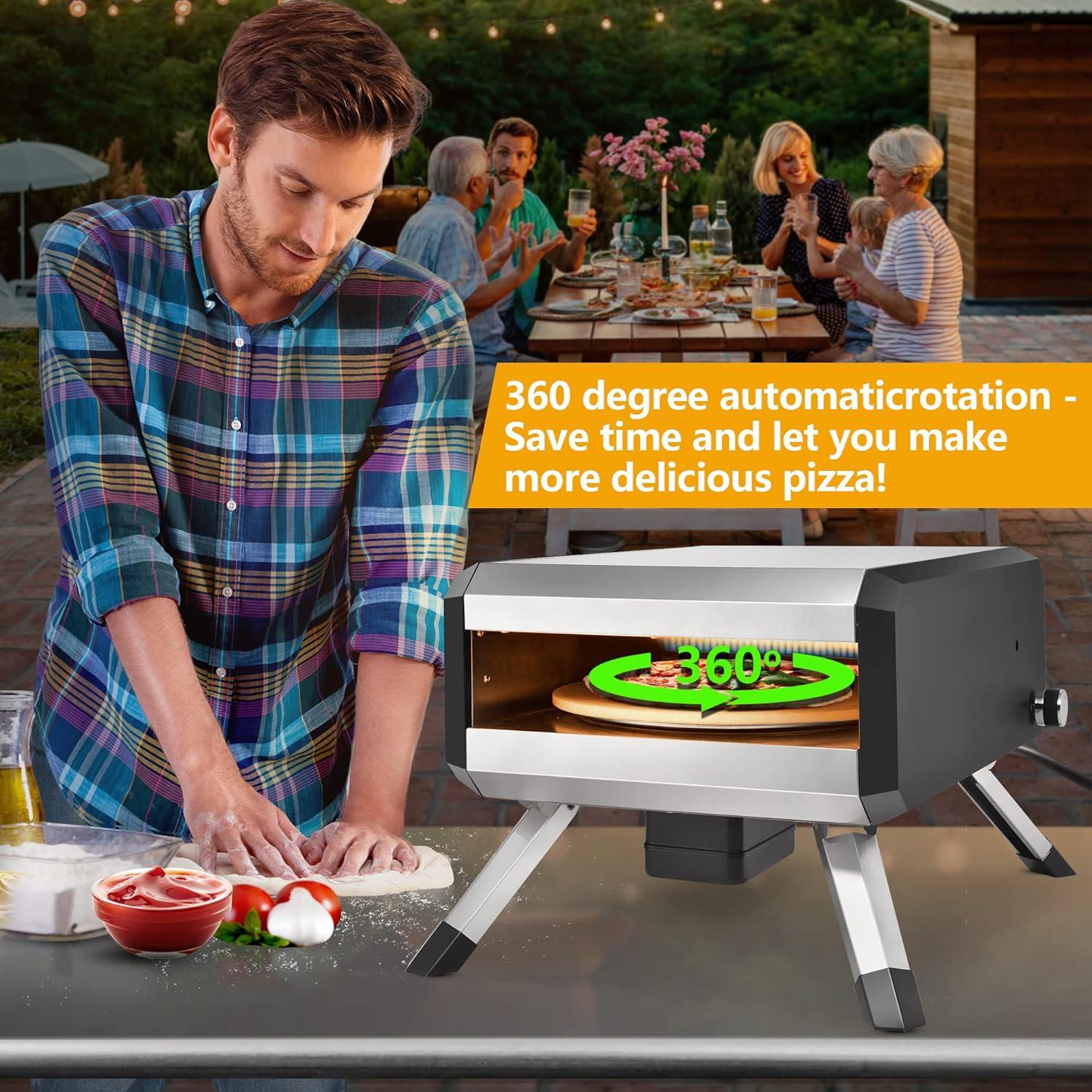 Portable Rotating Gas Pizza Oven for Outdoor, Stainless Steel Pizza Oven with 14" Pizza Stone, Gas Powered Pizza Oven with Foldable Legs