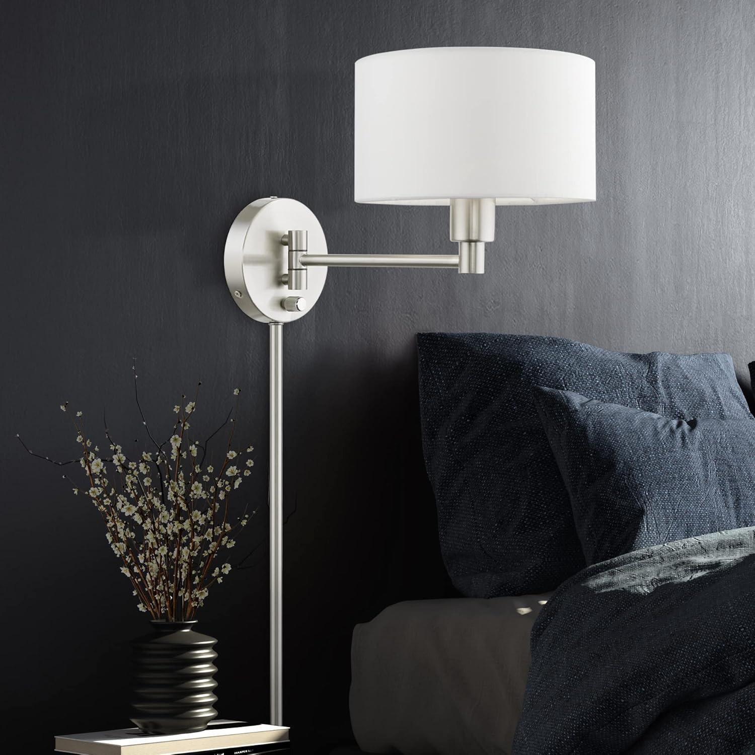 Transitional Brushed Nickel Swing Arm Wall Lamp with Off-White Shade