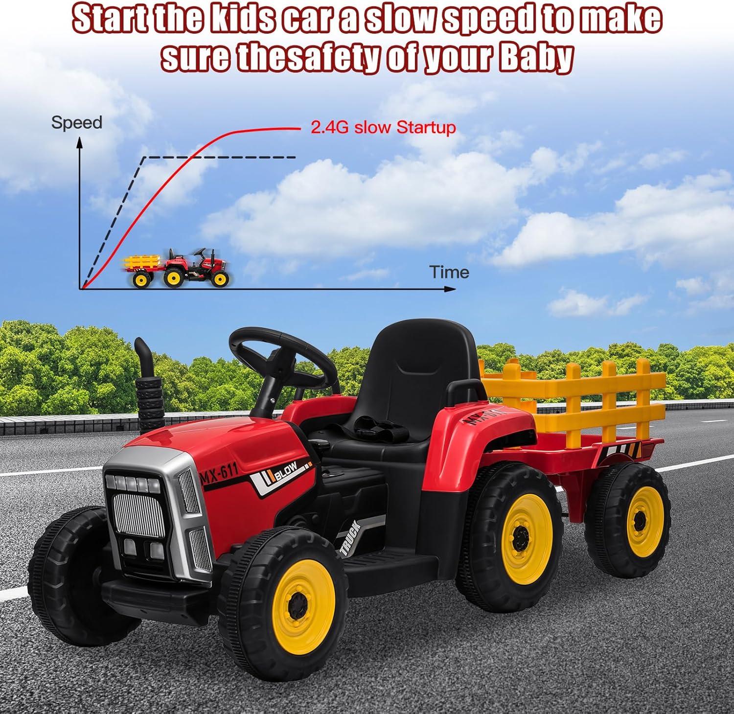 Red 12V Kids Ride-On Tractor with Trailer and Remote