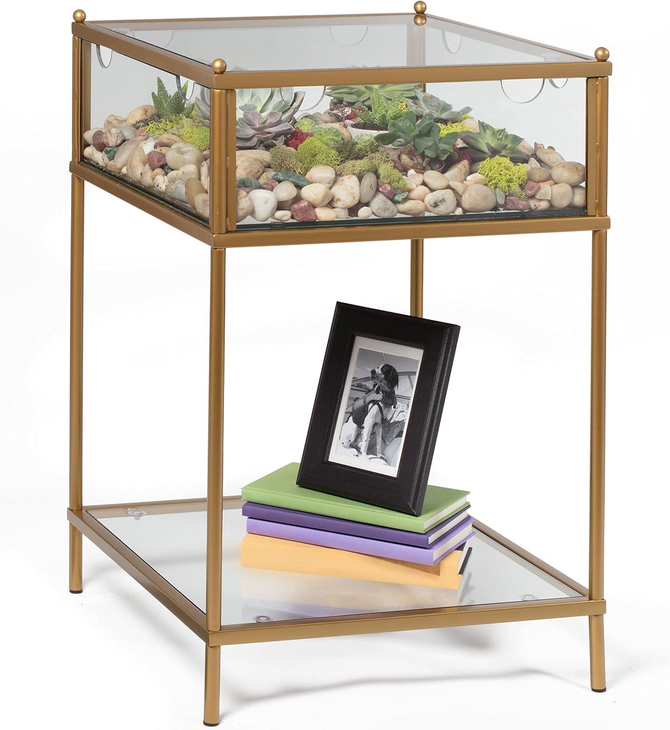 Gold Iron Square Terrarium End Table with Reinforced Glass, 18x18x27