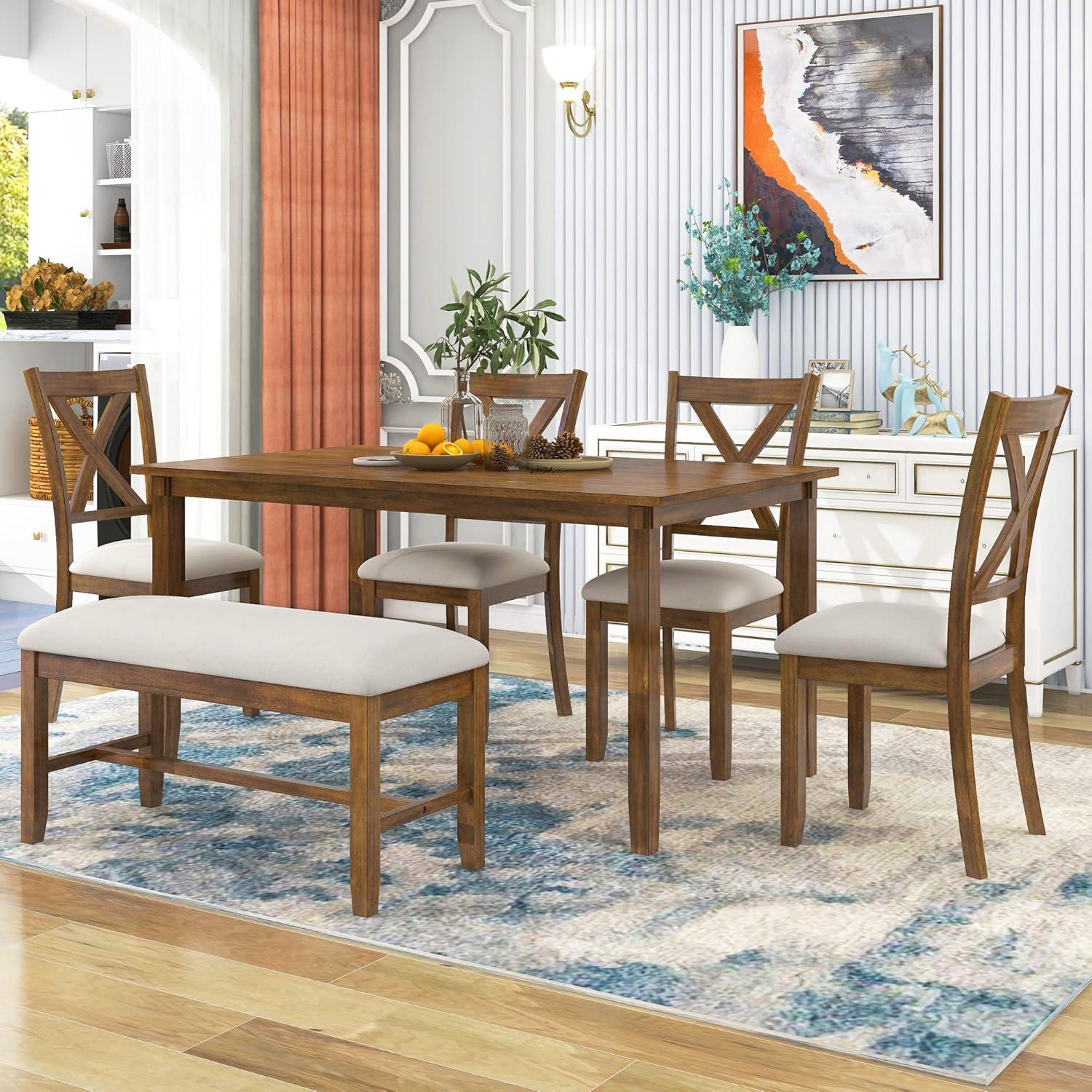 Dining Table Set for 6, 6 Piece Wood Kitchen Table Set, Dining Table and Chairs Set, Home Furniture Table Set with Chairs & Bench, Natural Wood Wash