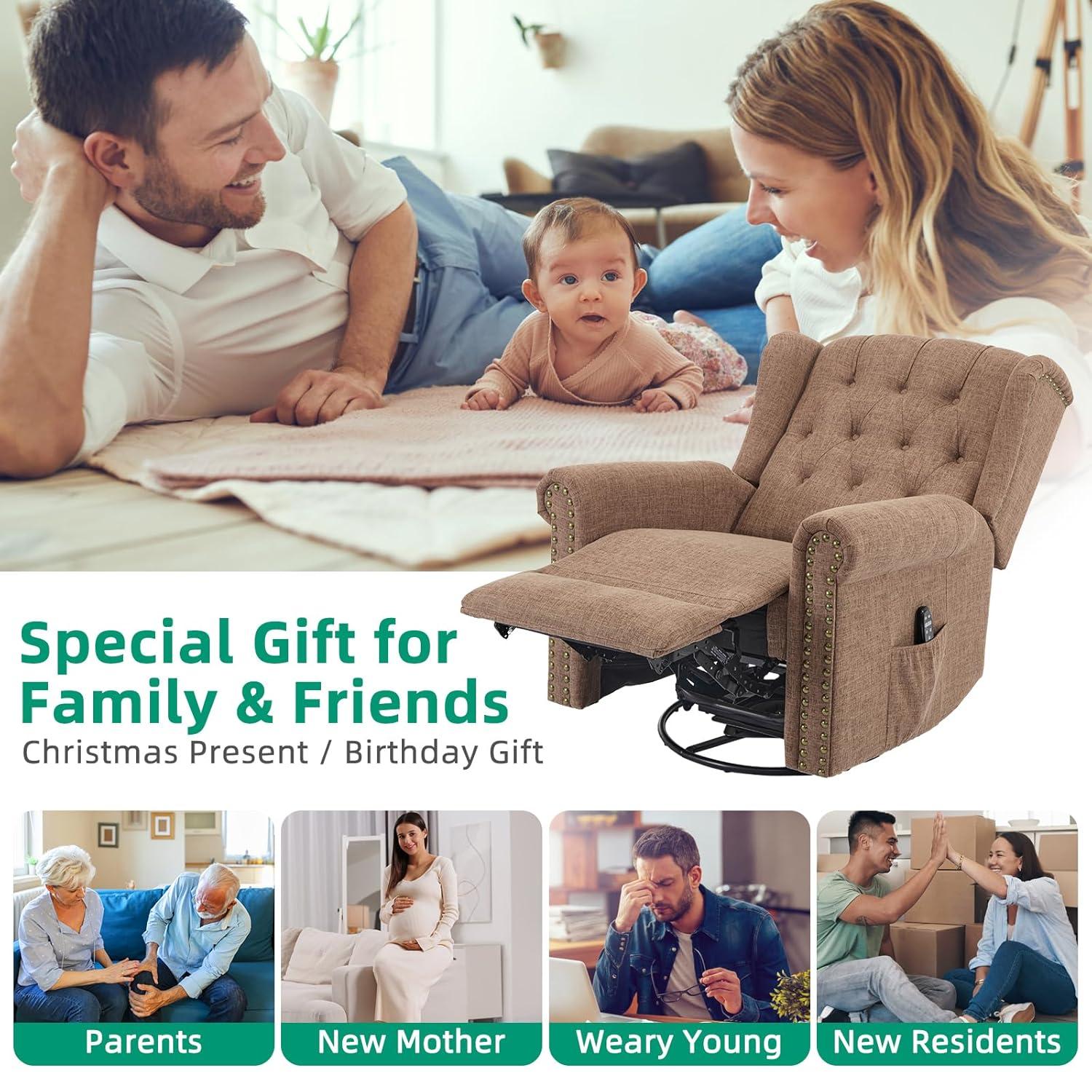MEETWARM Meetwarm Power Swivel Rocking Glider Recliner Chair With Heat And Vibration, Electric Rocker Nursery Reclining Chair, Wingback Tufted Upholstered Recliner For Living Room, Type-C & Usb Ports