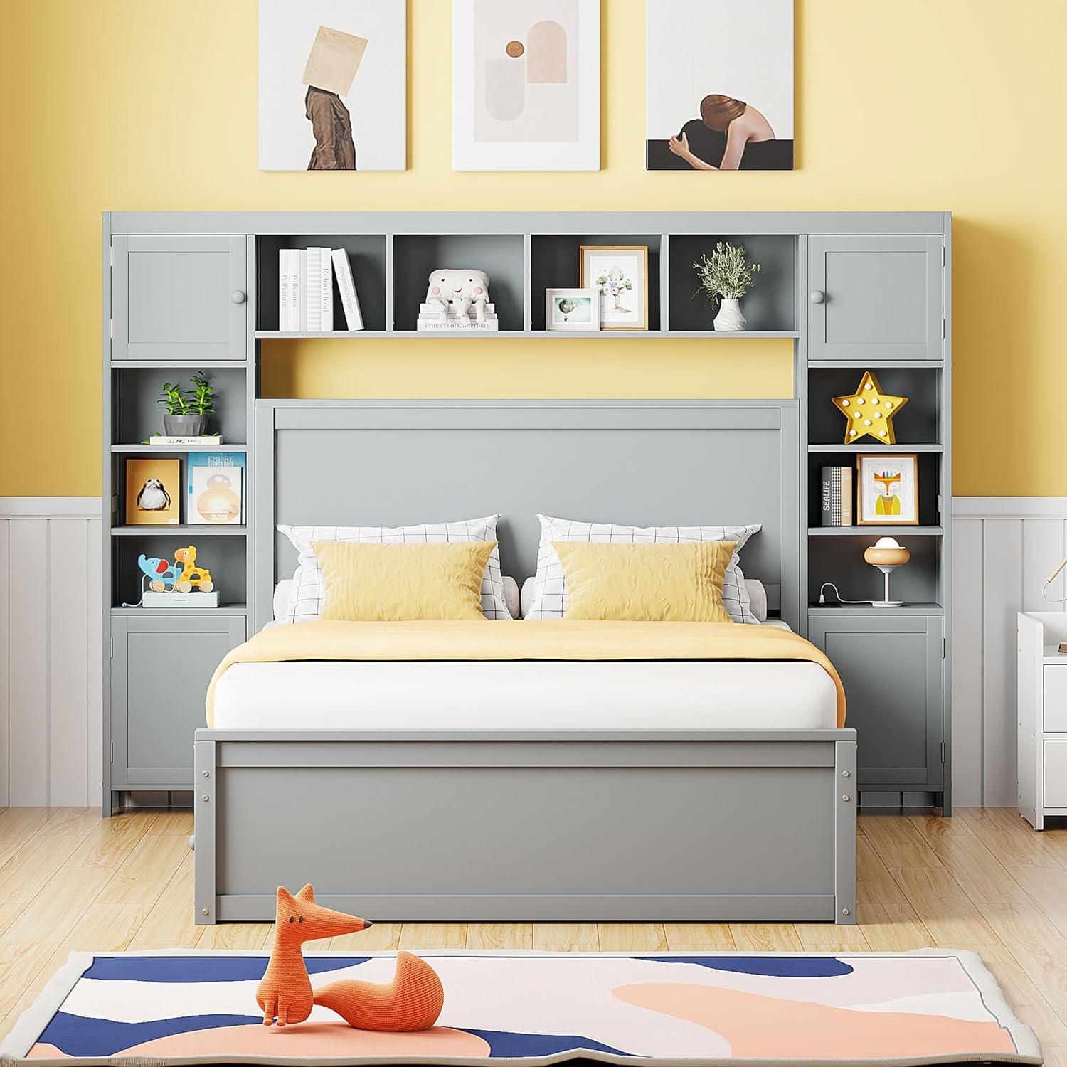 MODERNLUXE Queen Size Bed Frame with Trundle,Solid Wood Platform Bed with 10 Shelves,2 Storage Drawers,4 Cabinets,Charging Station and Bookcase Headboard,No Box Spring Needed/Noise Free,Gray