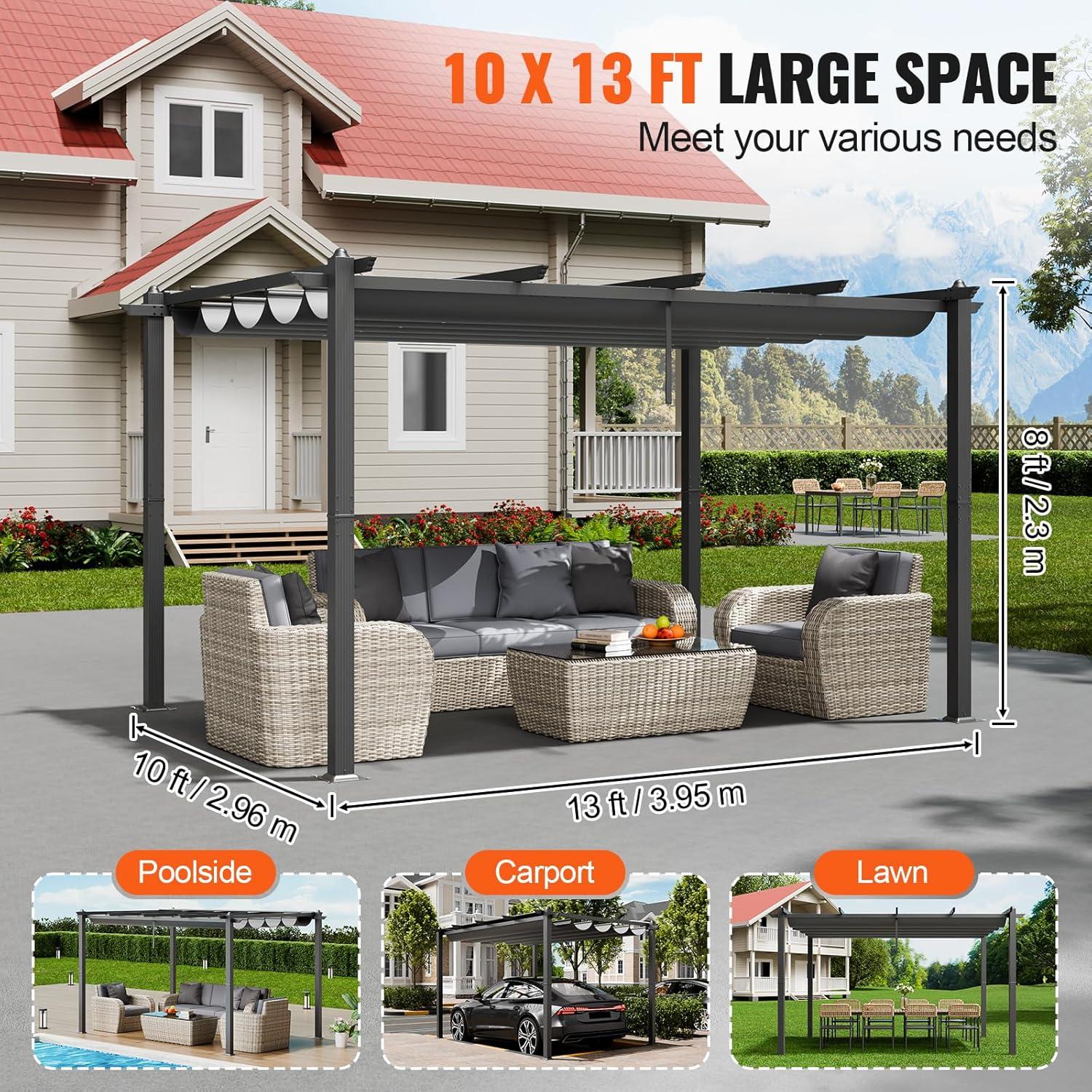 VEVOR 10'x10' Outdoor Retractable Pergola with Canopy, Aluminum Pergola with Retractable Canopy, Modern Style, Sun Shade for Patios, Gardens, Decks, Backyards (Gray)