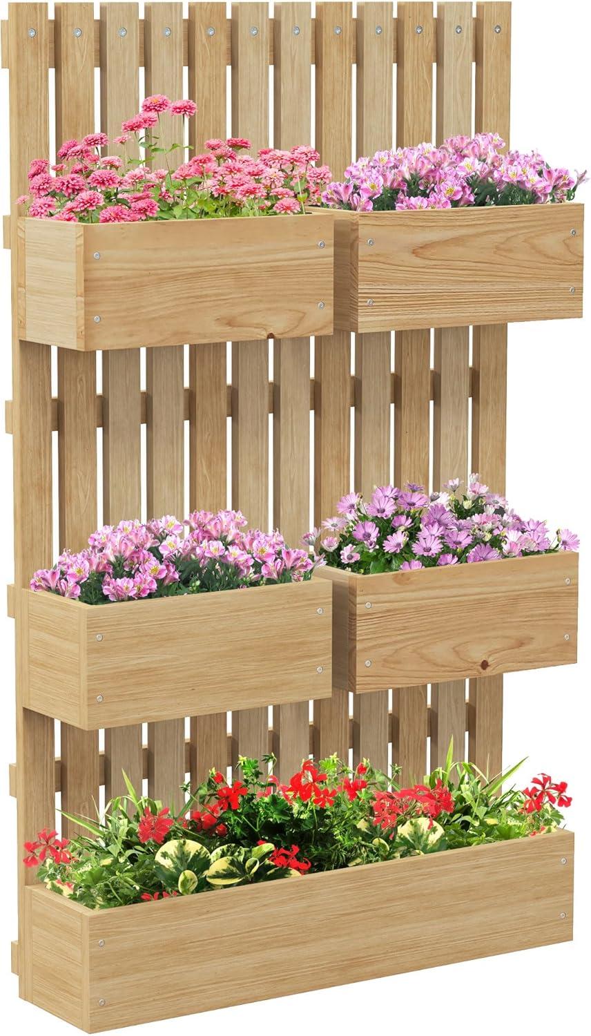 Natural Fir Wood Wall-Mounted Vertical Planter with Trellis