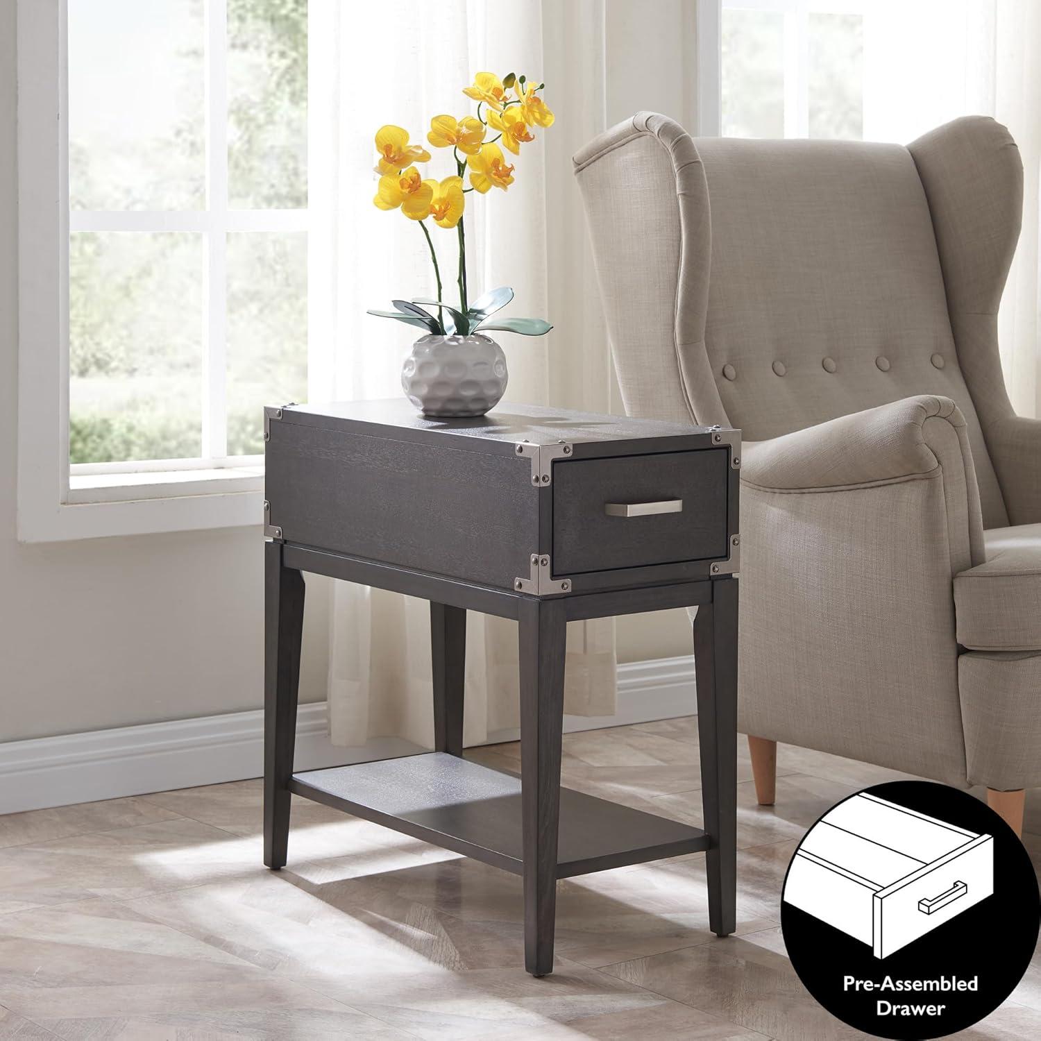 Anthracite and Pewter Rectangular Side Table with Drawer and Shelf