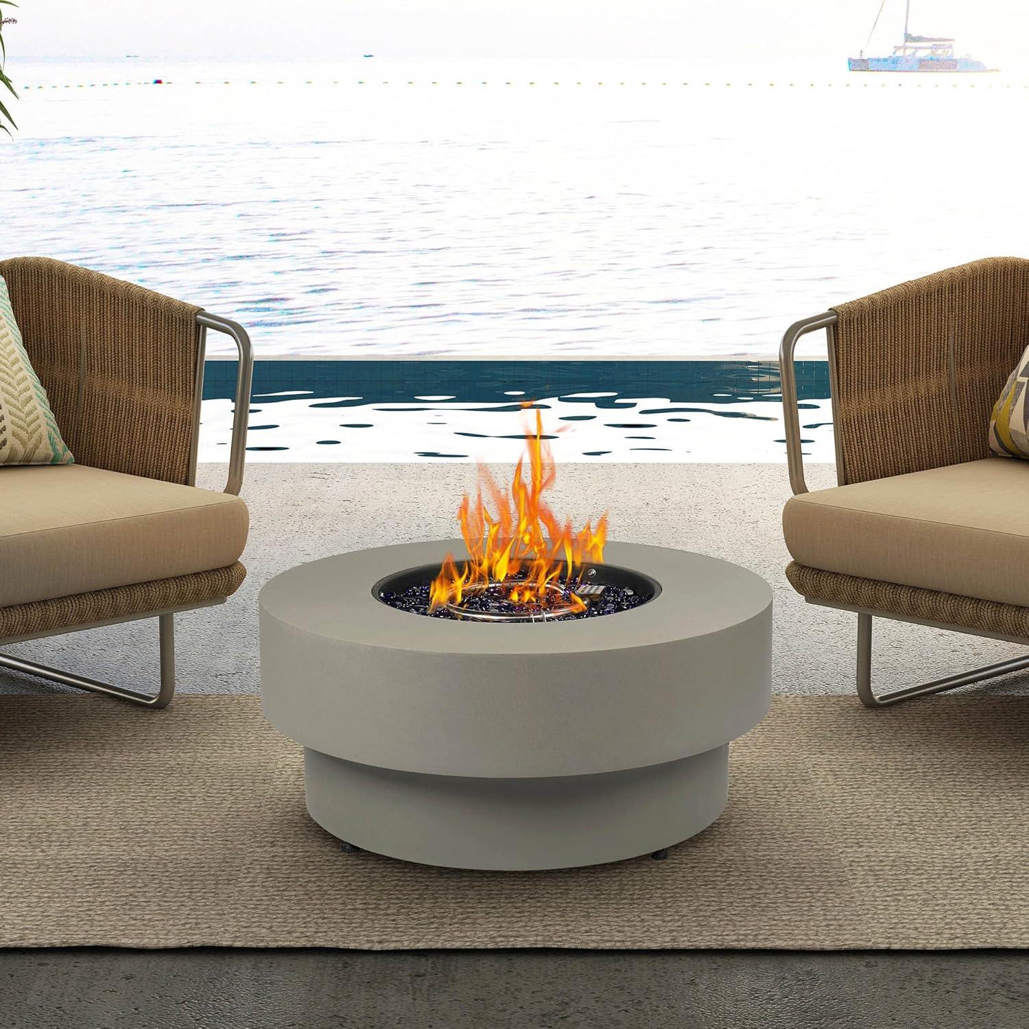 BAIDE HOME 32.5" Round Steel Low Profile Propane Fire Pit Table, 50,000 BTU Outdoor Gas Fire Pit with Lid, Glass Rocks, Cover, Pre-attached 10ft Propane Hose