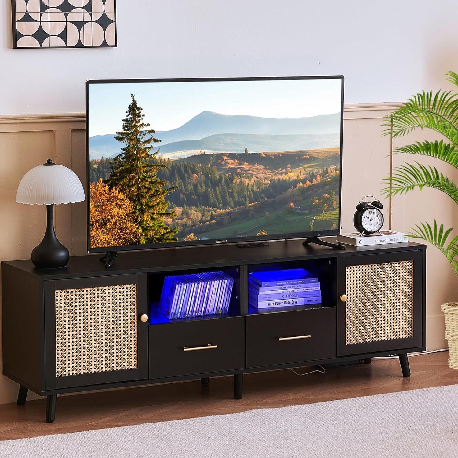 Bay Isle Home™ Heyer Large Wood Rattan TV Stand for TVs up to 75" with LED Light and Charging Station, Coastal Media Console Table, Multimedia Storage Furniture with 2 Drawers, Lighting TV Cabinet