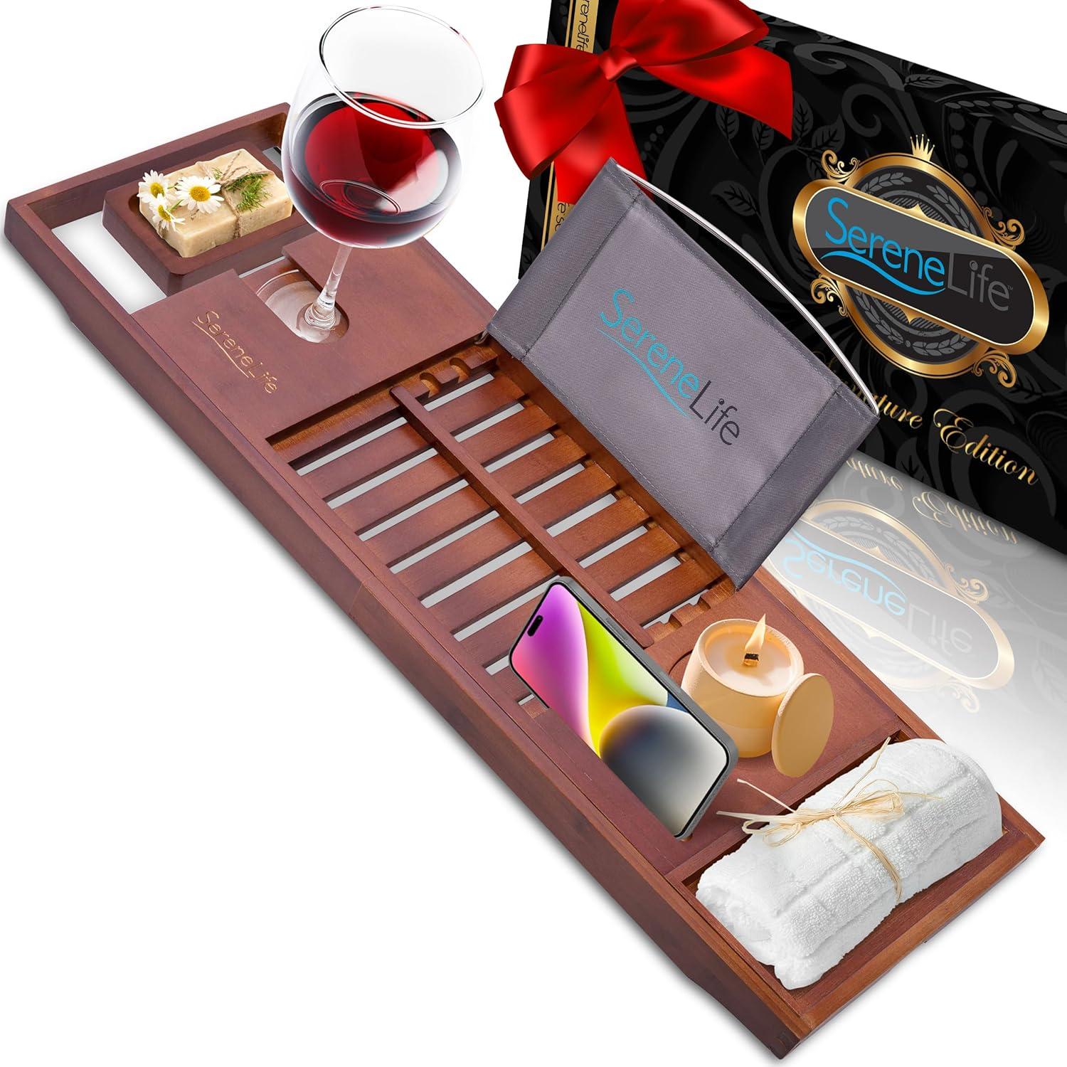 SereneLife Bamboo Bathtub Caddy with Luxury Gift Box and Red Gifting Ribbon Extendable & Adjustable Tray (Stain Brown)