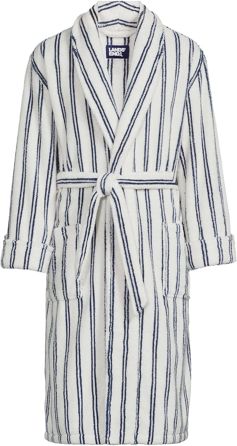 Lands' End Men's Calf Length Pattern Turkish Terry Robe - Large - Egret White Double Stripes