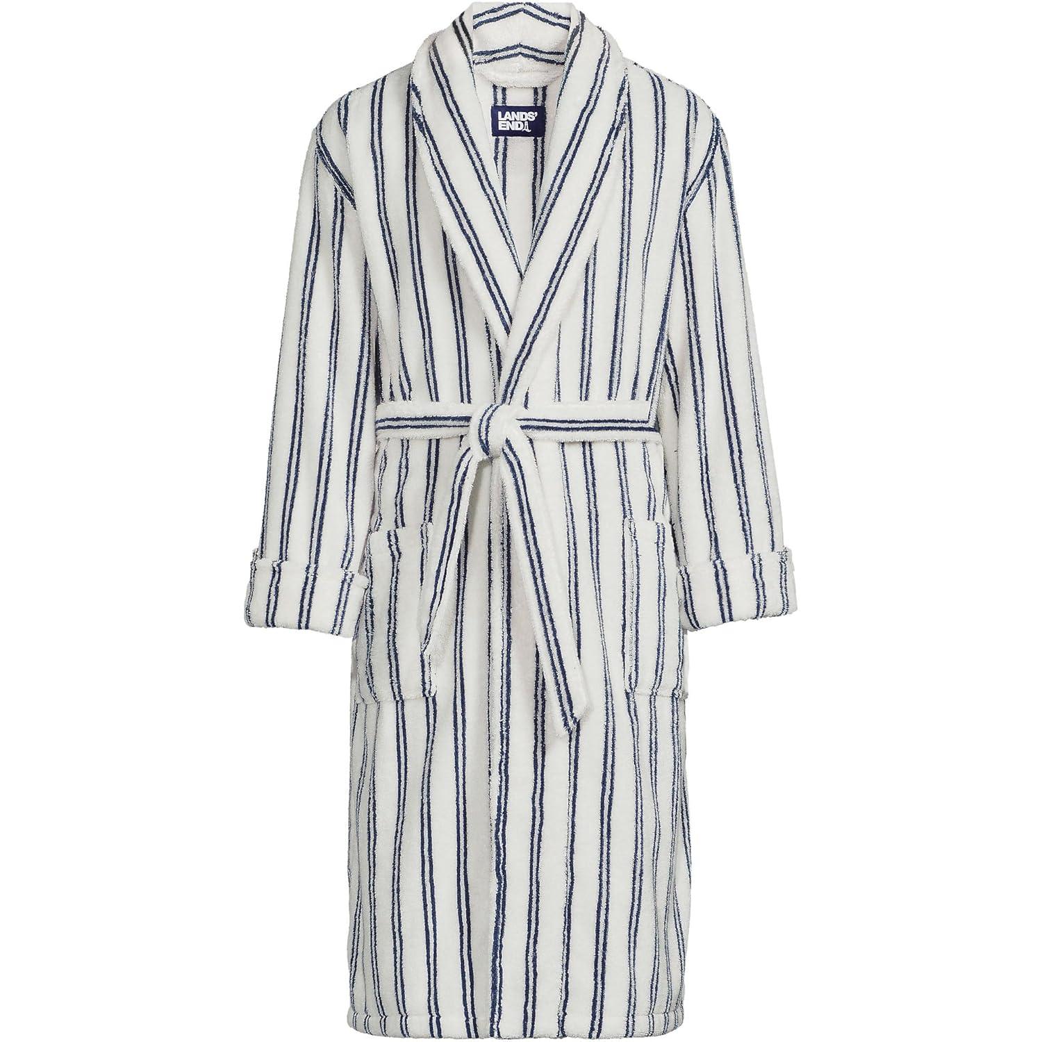 Lands' End Men's Calf Length Pattern Turkish Terry Robe - Large - Egret White Double Stripes