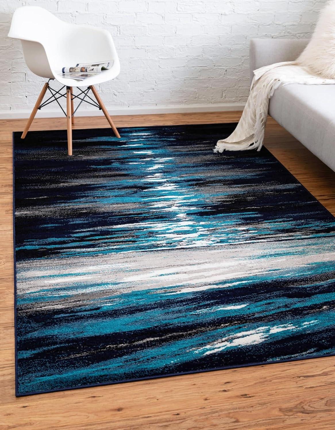 Navy Blue Abstract Rectangular Synthetic Indoor Rug, 7x10 ft