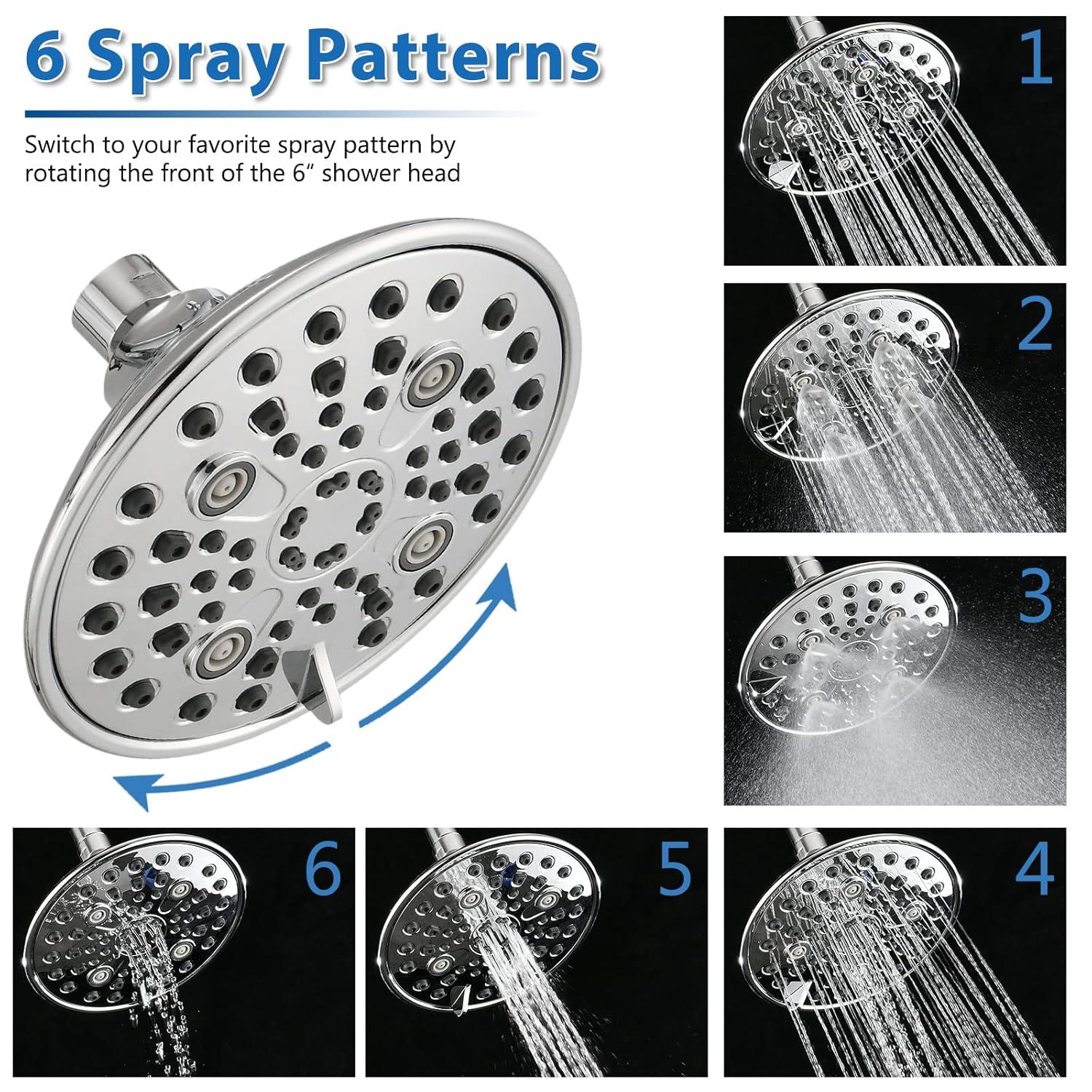 Proox Double Shower Head with Built-in Valve, High Pressure 6 Setting Dual Shower Head Design for Couple on Walk-in Bathroom or Single on Bathtub Bathroom - Chrome