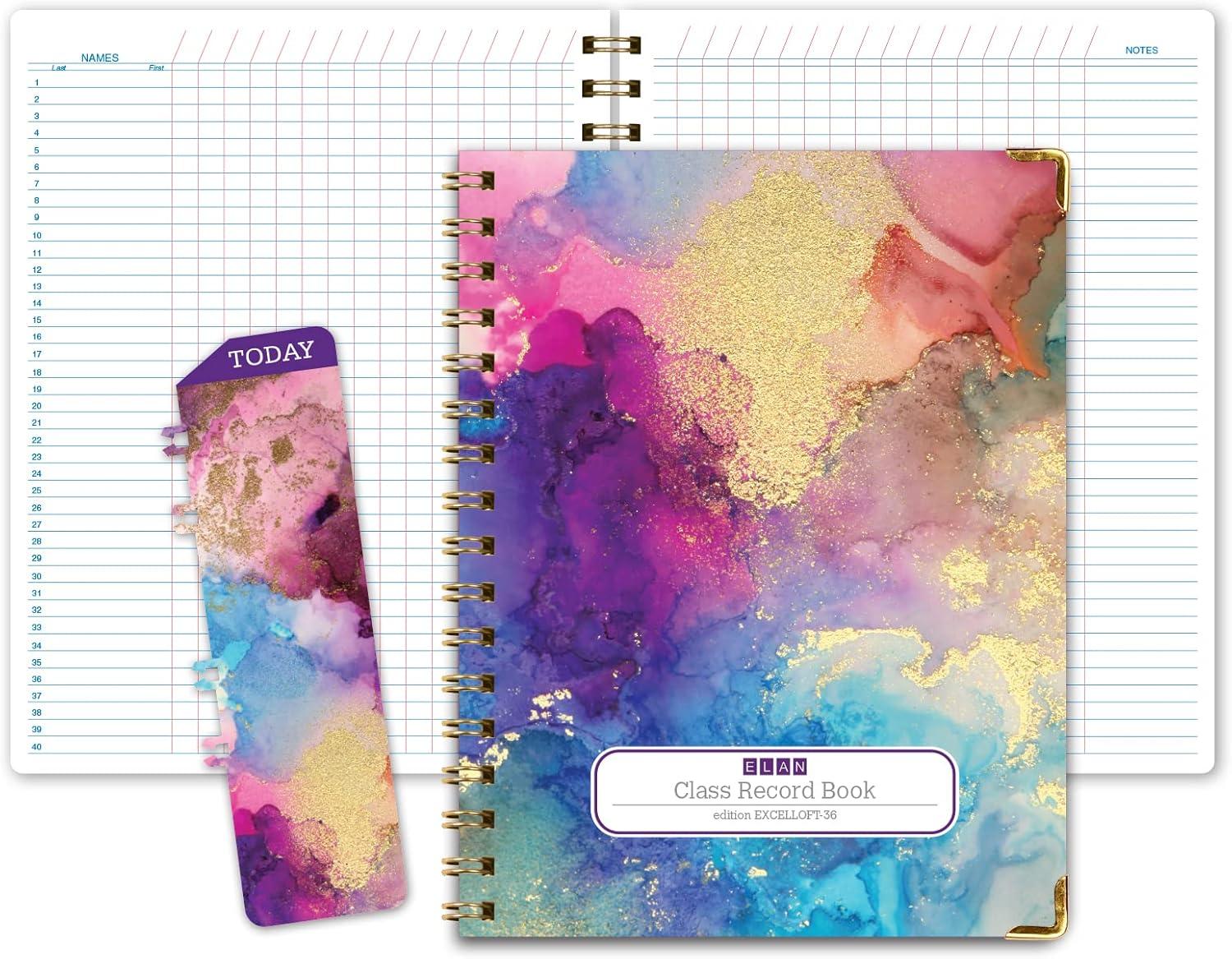 Elan Publishing Company HARDCOVER 6 Period Teacher Lesson Plan - Days Vertically Down The Side with Bonus Clip-in Bookmark (Rainbow Gold Marble)