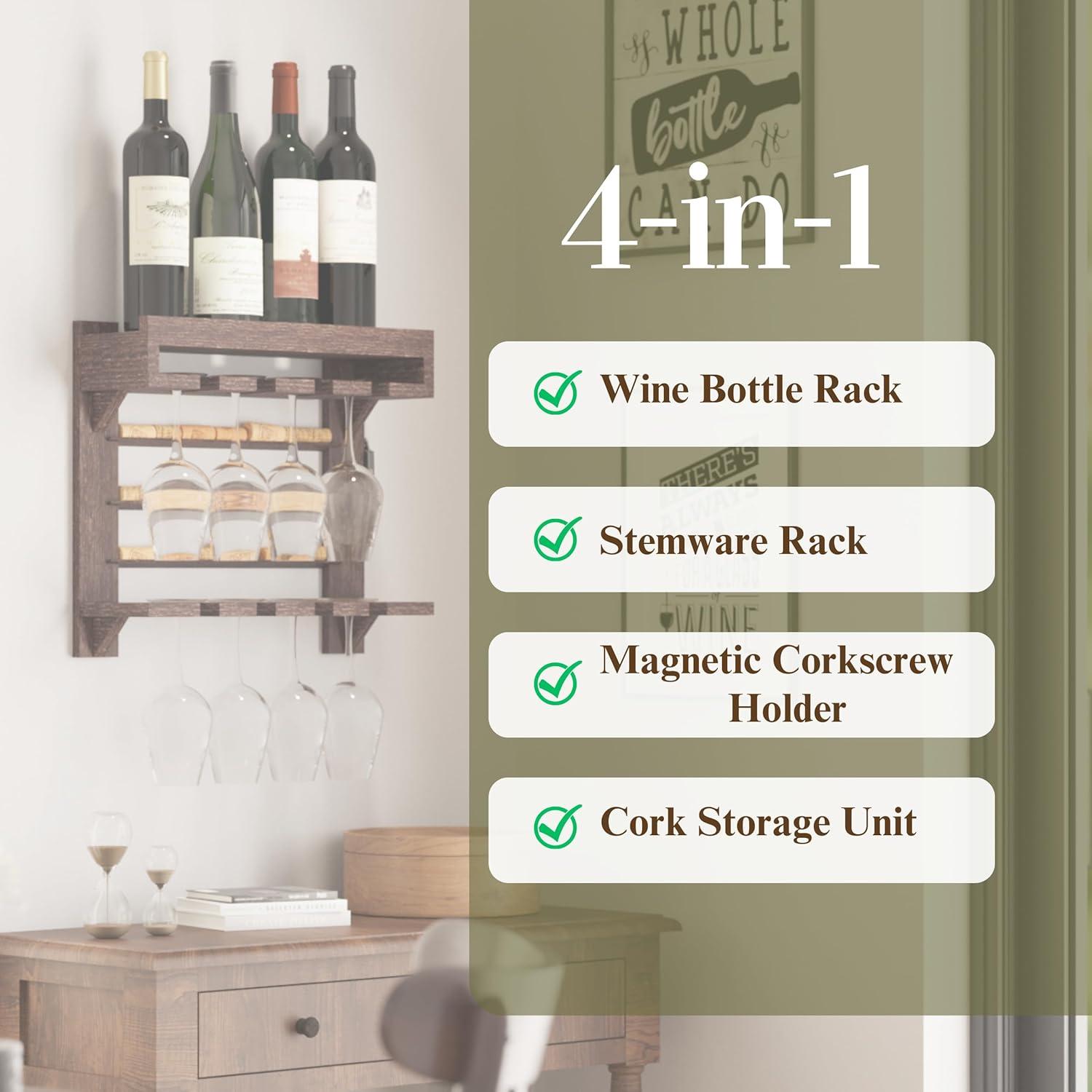 Rustic Dark Wood Wall-Mounted Wine Rack with Stemware Holder